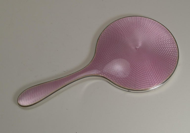 Pink Hand Mirror, Art Deco, Guilloche Enamel and English Sterling