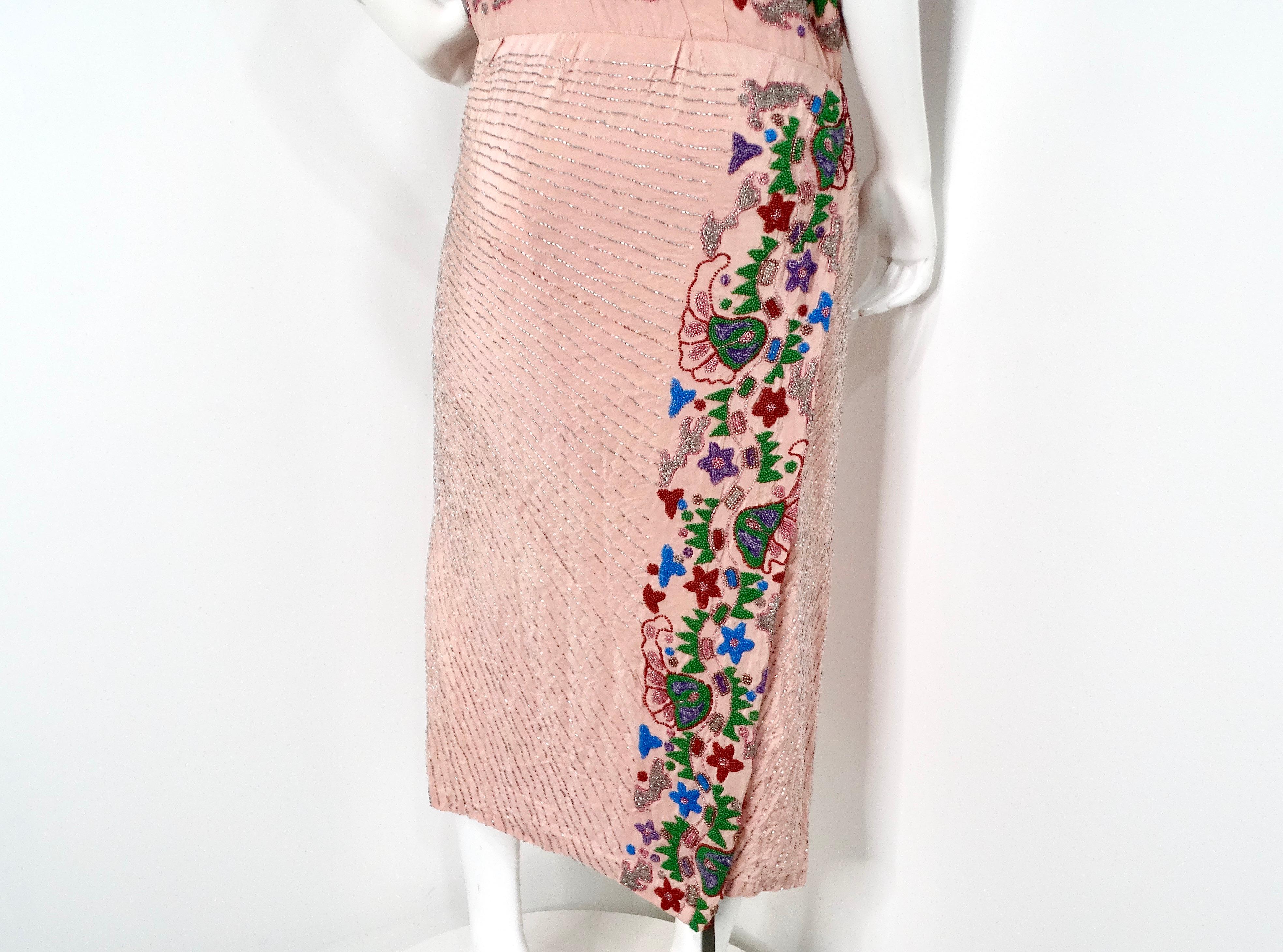 Pink Handmade Glass Beaded Embroidery Print Sleeveless Dress circa 1940s For Sale 5