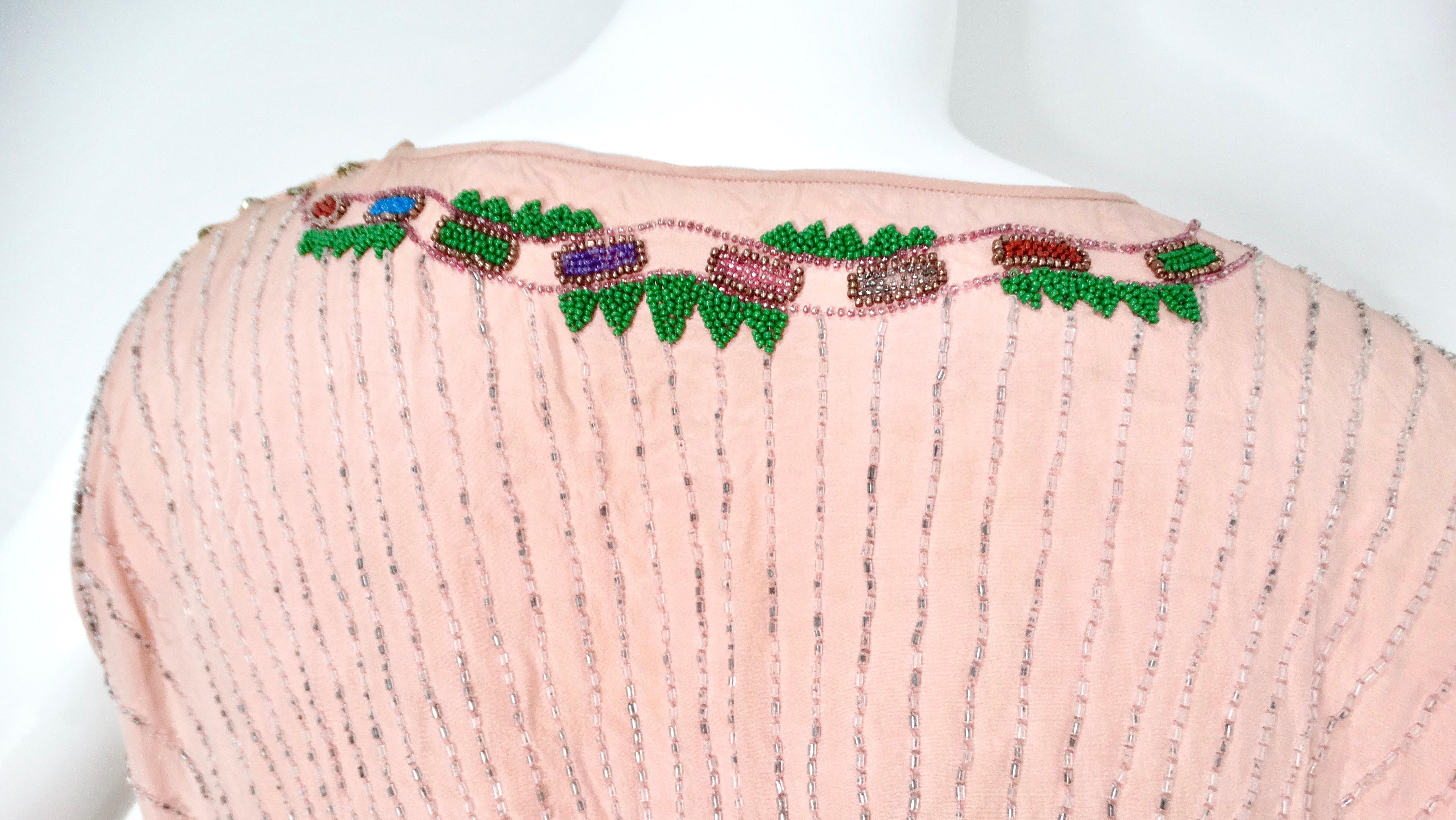 Pink Handmade Glass Beaded Embroidery Print Sleeveless Dress circa 1940s For Sale 6