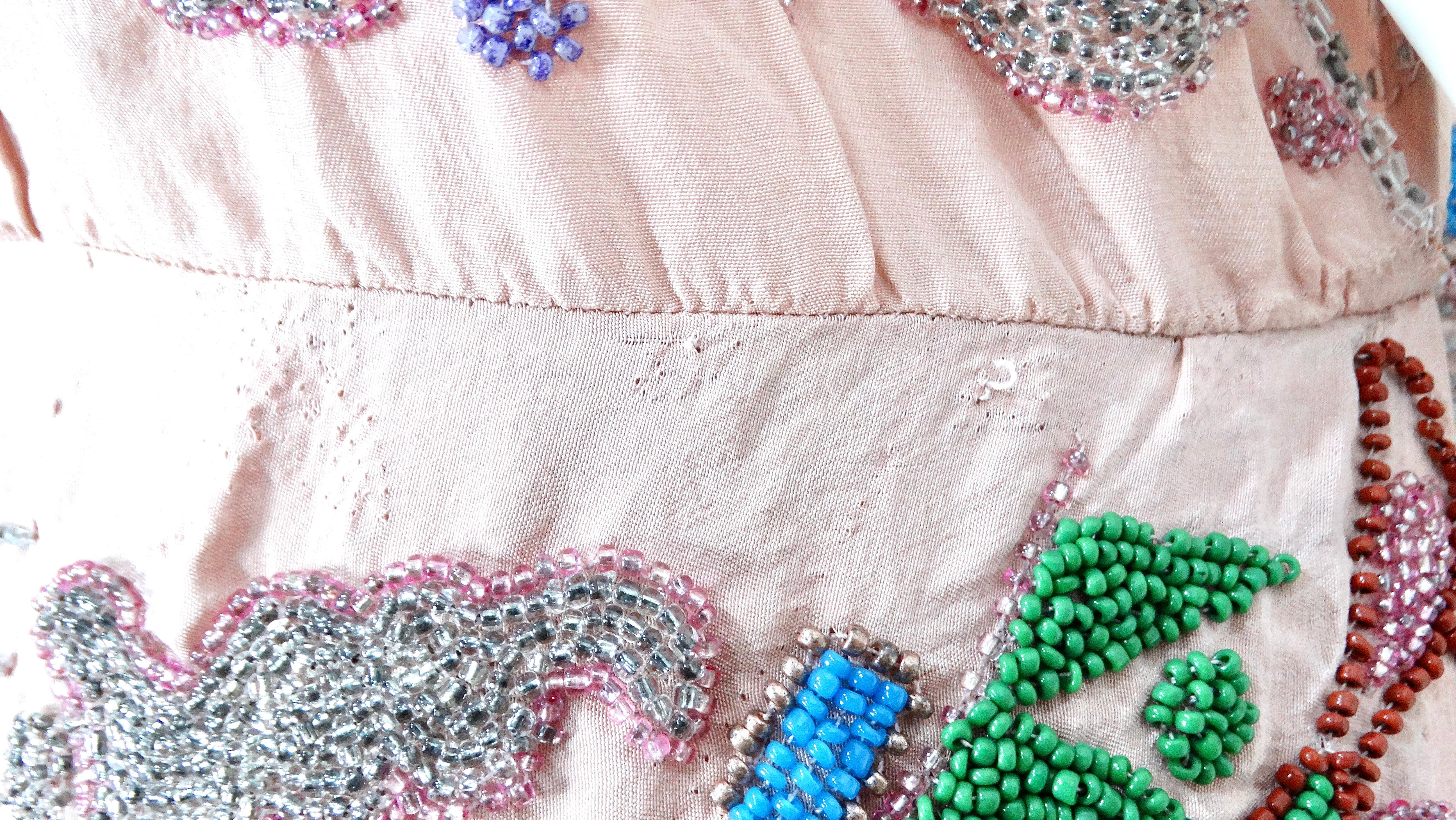 Pink Handmade Glass Beaded Embroidery Print Sleeveless Dress circa 1940s For Sale 8
