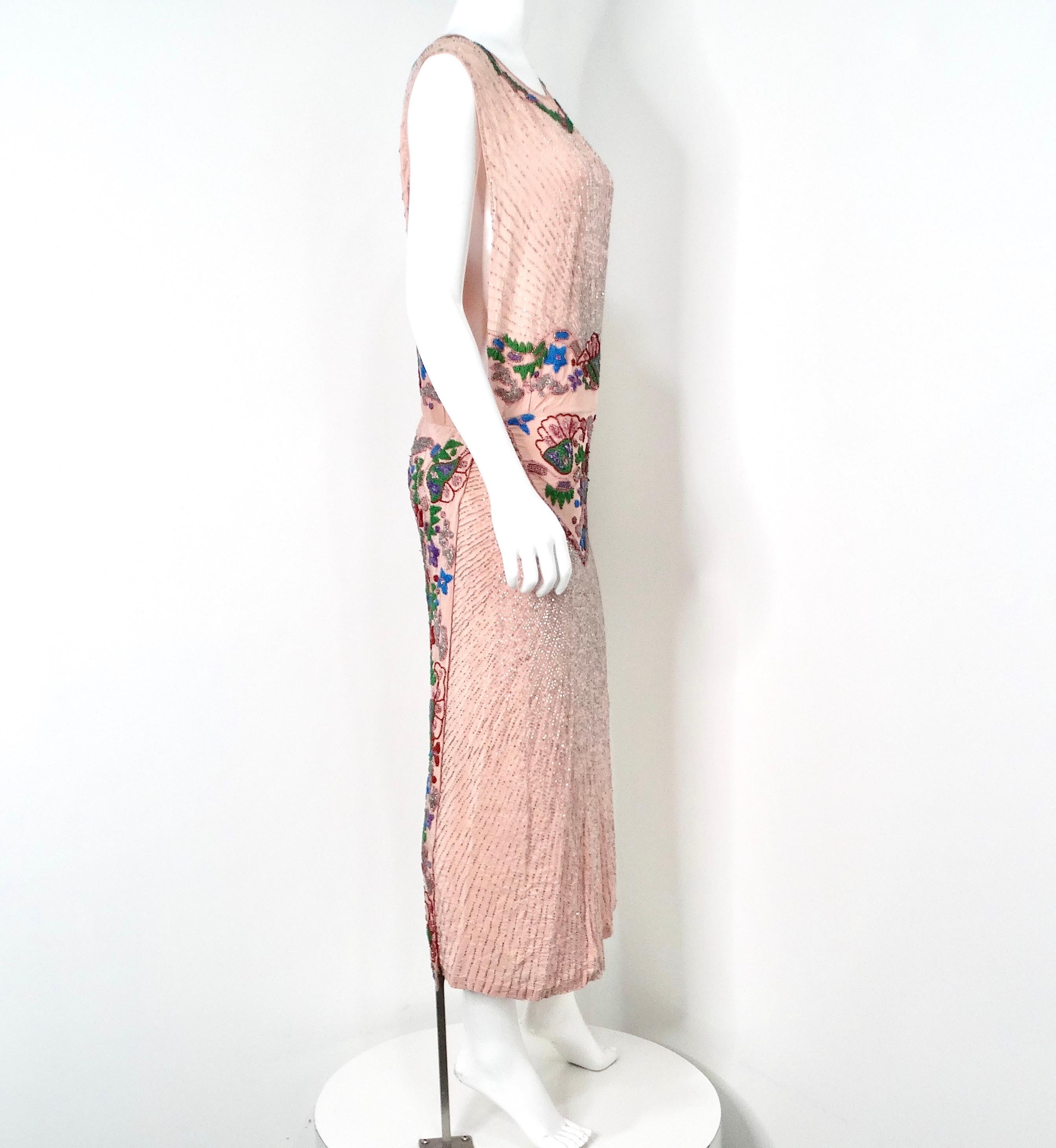 Pink Handmade Glass Beaded Embroidery Print Sleeveless Dress circa 1940s For Sale 9