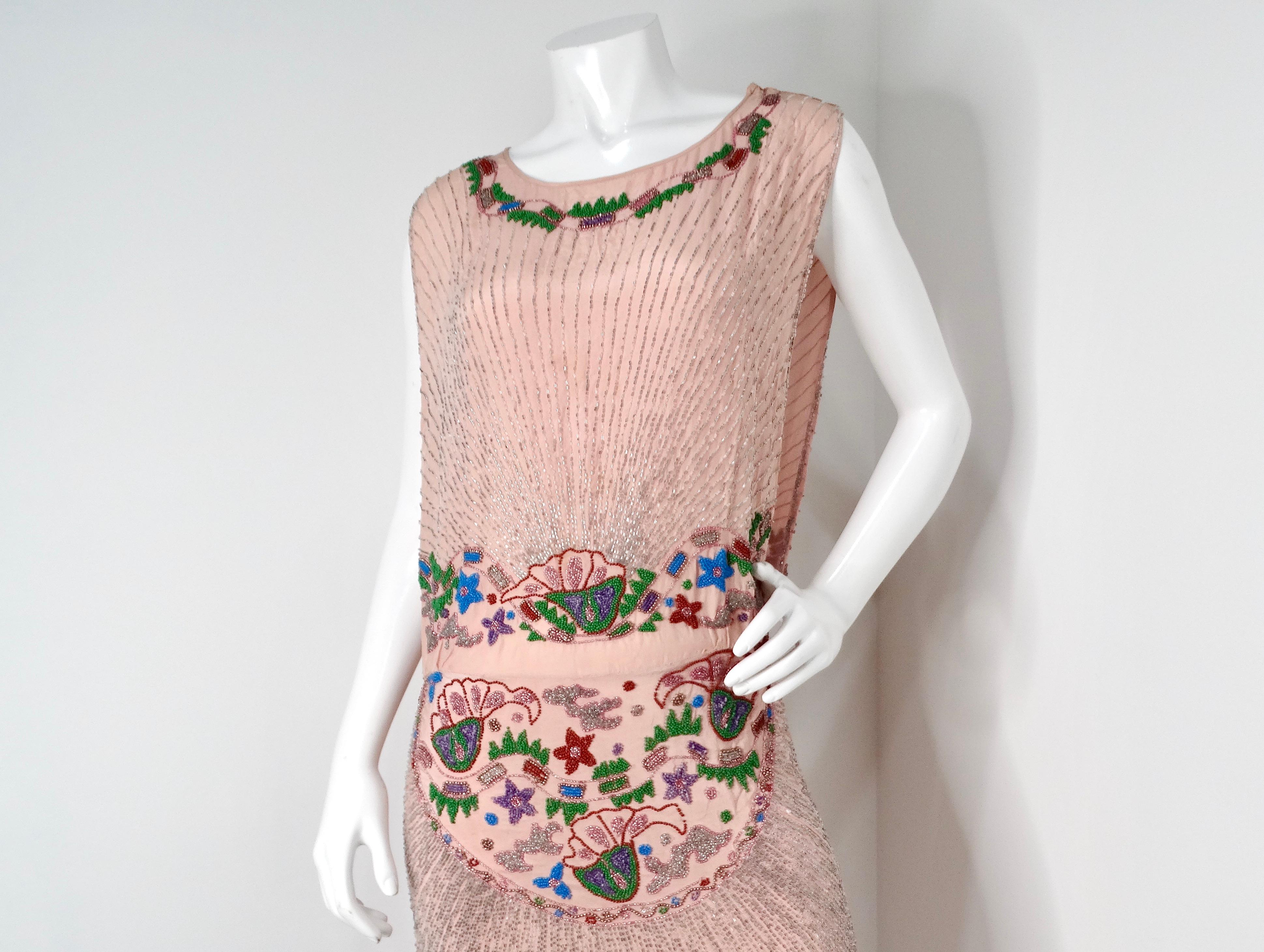 Beige Pink Handmade Glass Beaded Embroidery Print Sleeveless Dress circa 1940s For Sale