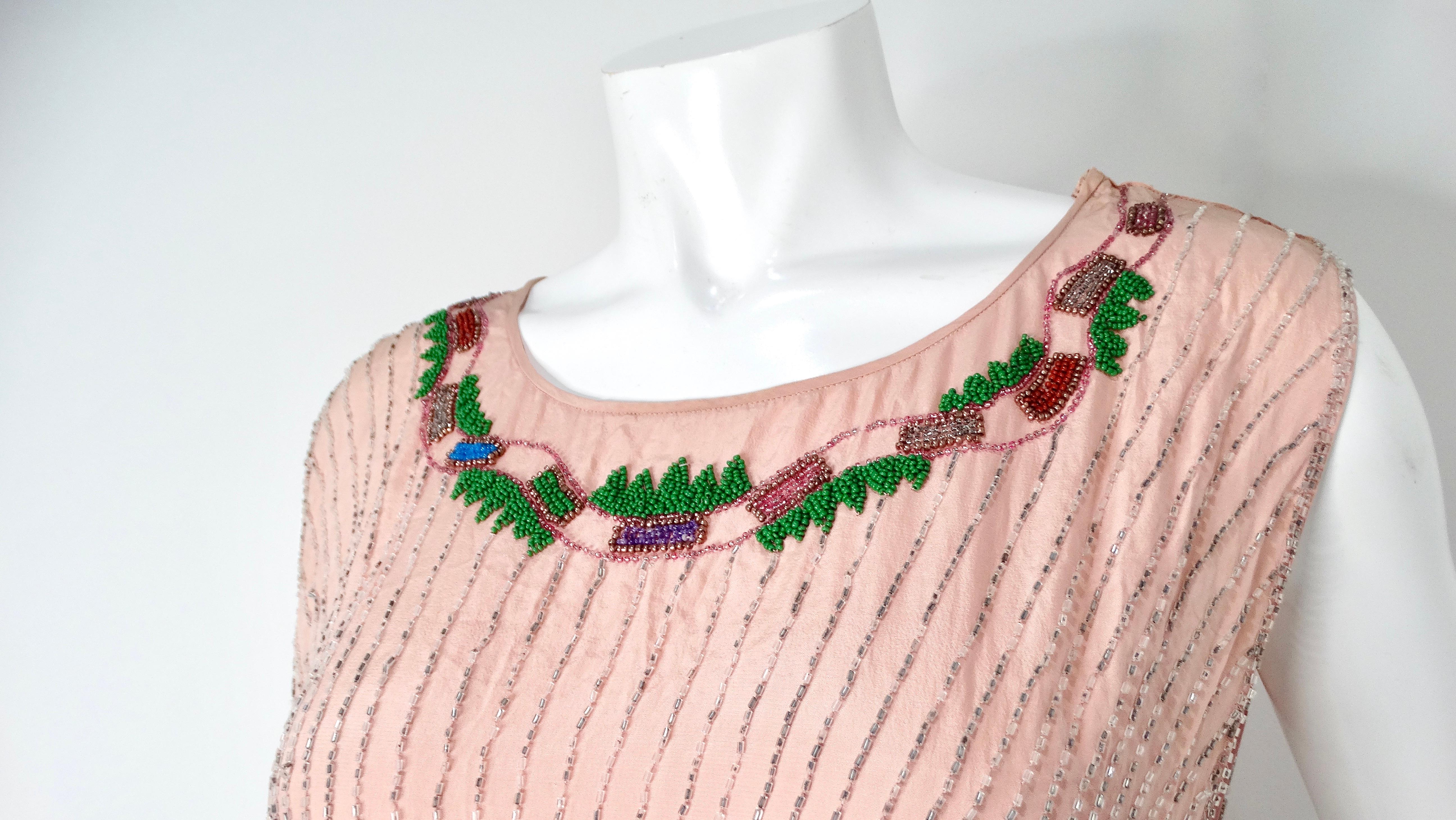 Women's Pink Handmade Glass Beaded Embroidery Print Sleeveless Dress circa 1940s For Sale