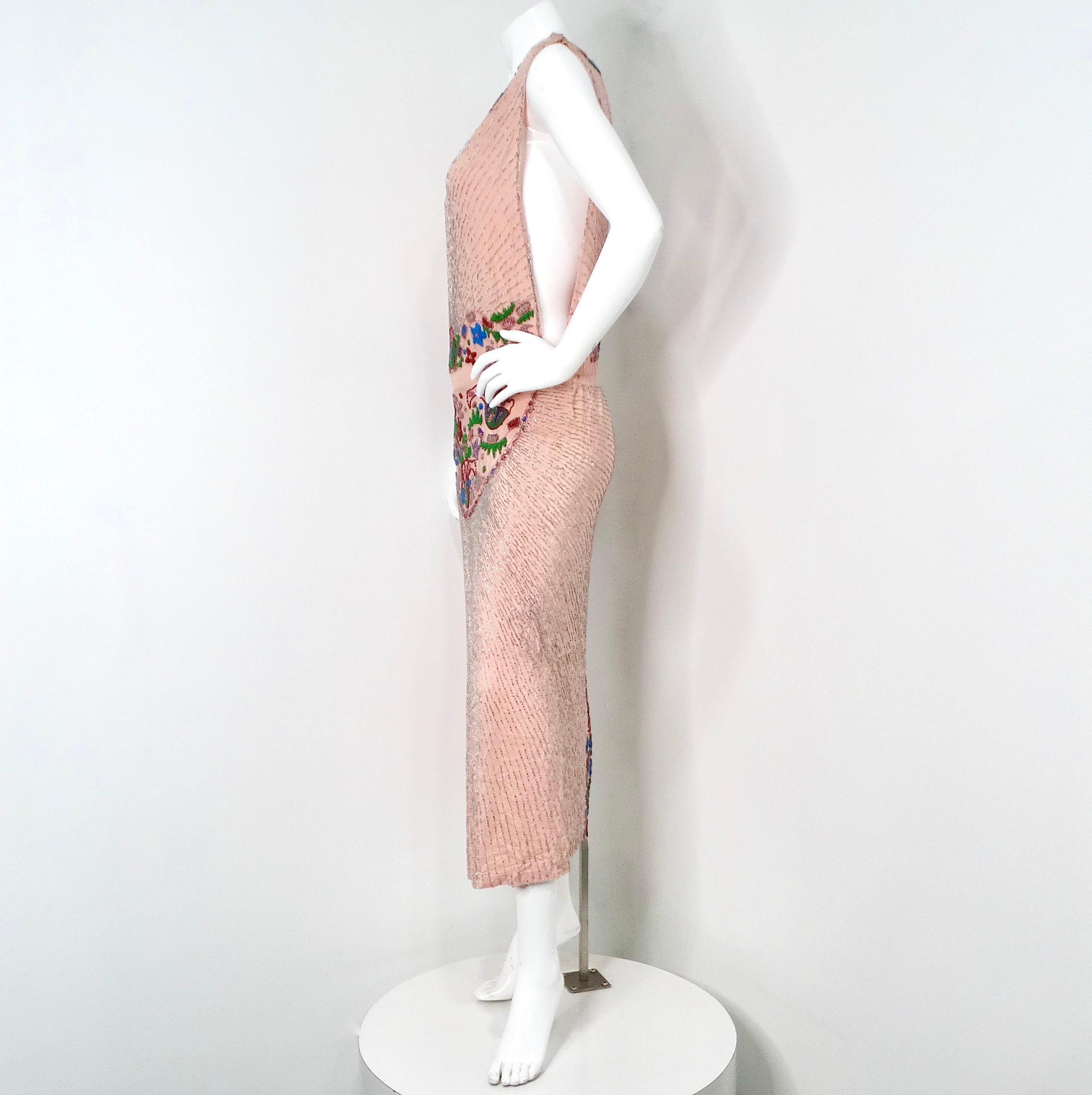 Pink Handmade Glass Beaded Embroidery Print Sleeveless Dress circa 1940s For Sale 2