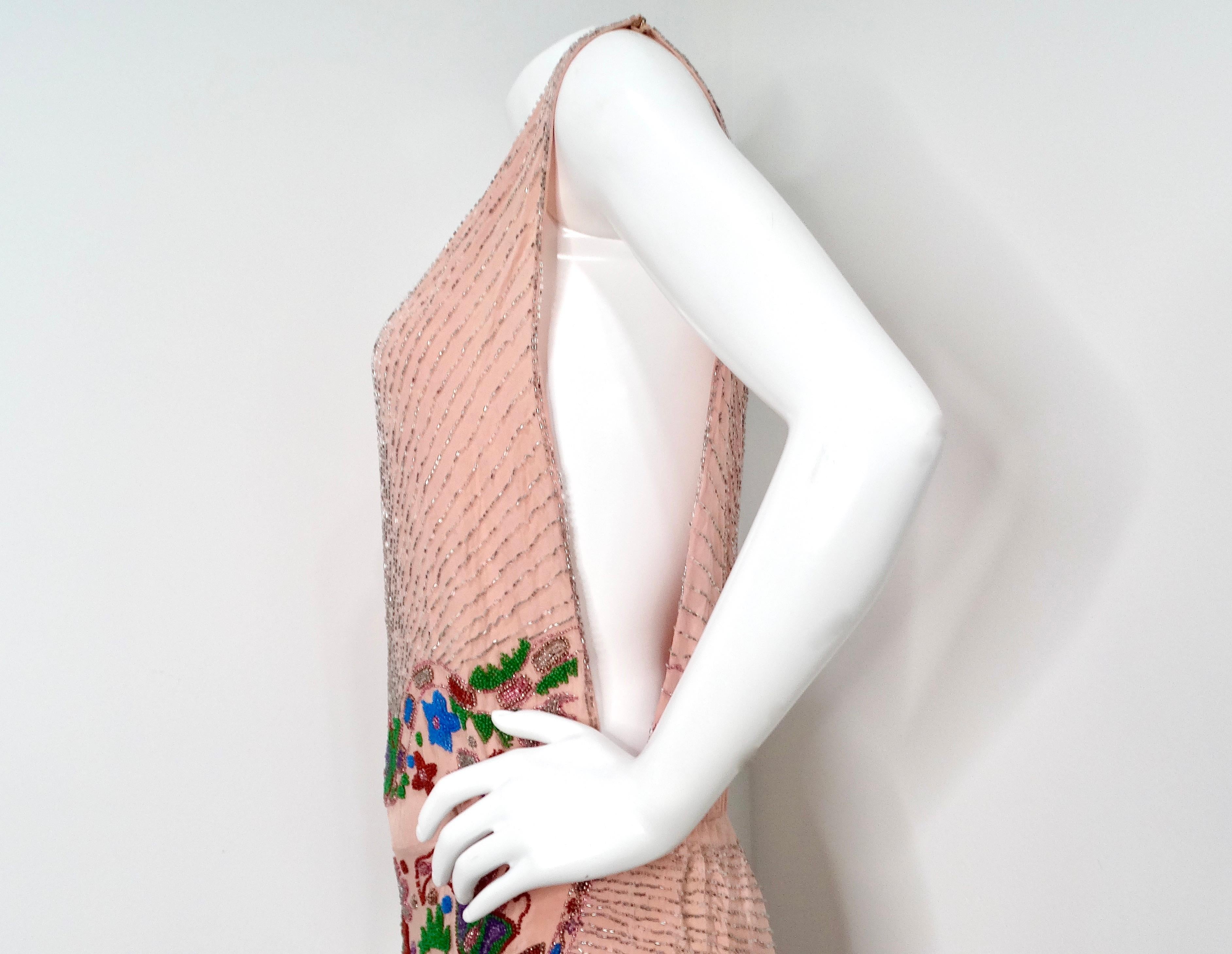 Pink Handmade Glass Beaded Embroidery Print Sleeveless Dress circa 1940s For Sale 3