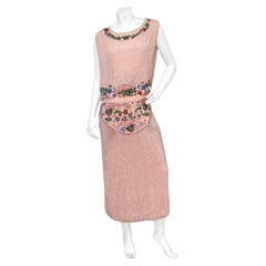 Pink Handmade Glass Beaded Embroidery Print Sleeveless Dress circa 1940s