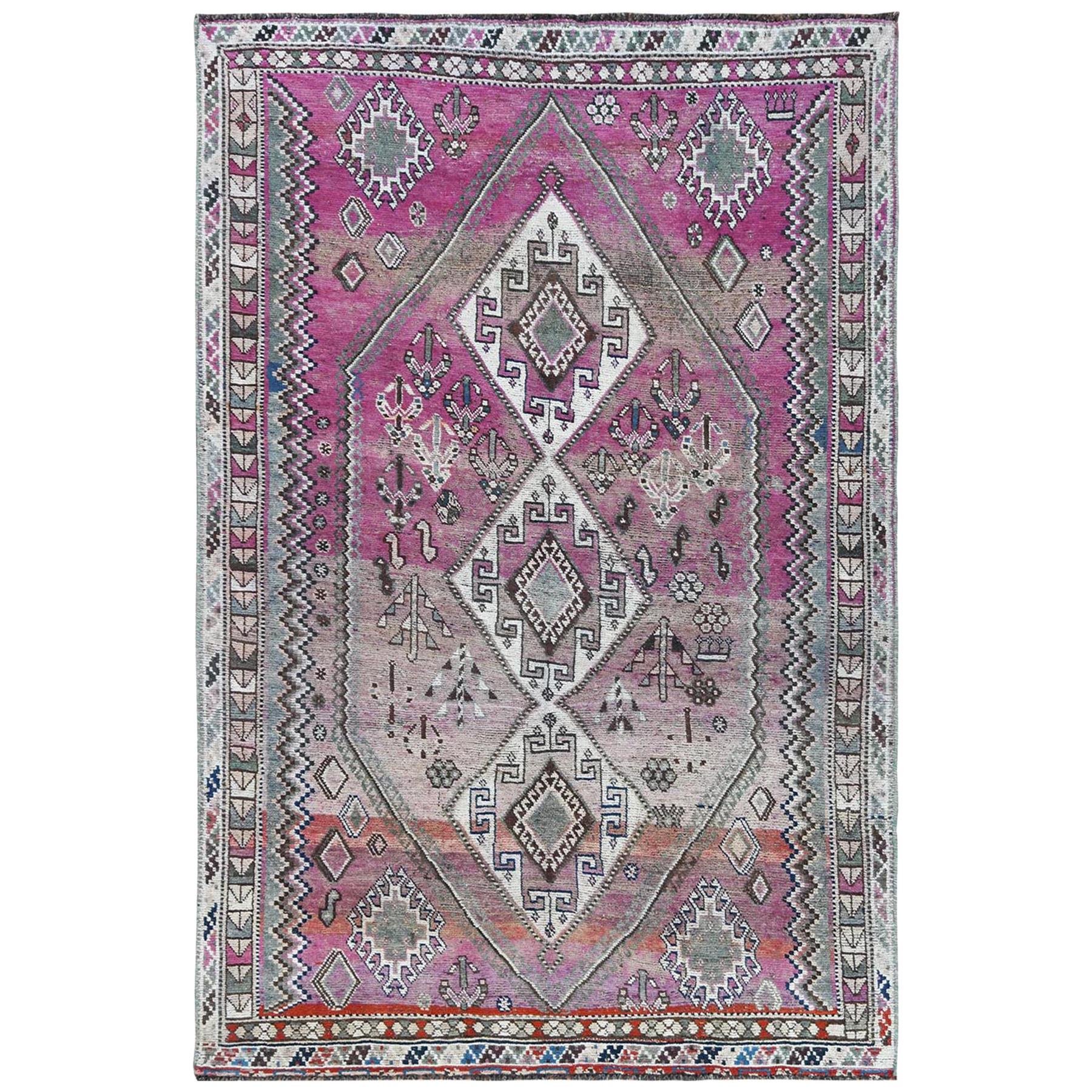 Pink Handmade Persian Shiraz Bohemian Cropped Thin Vintage Wool Rug For Sale