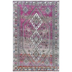 Pink Handmade Persian Shiraz Bohemian Cropped Thin Vintage Wool Rug
