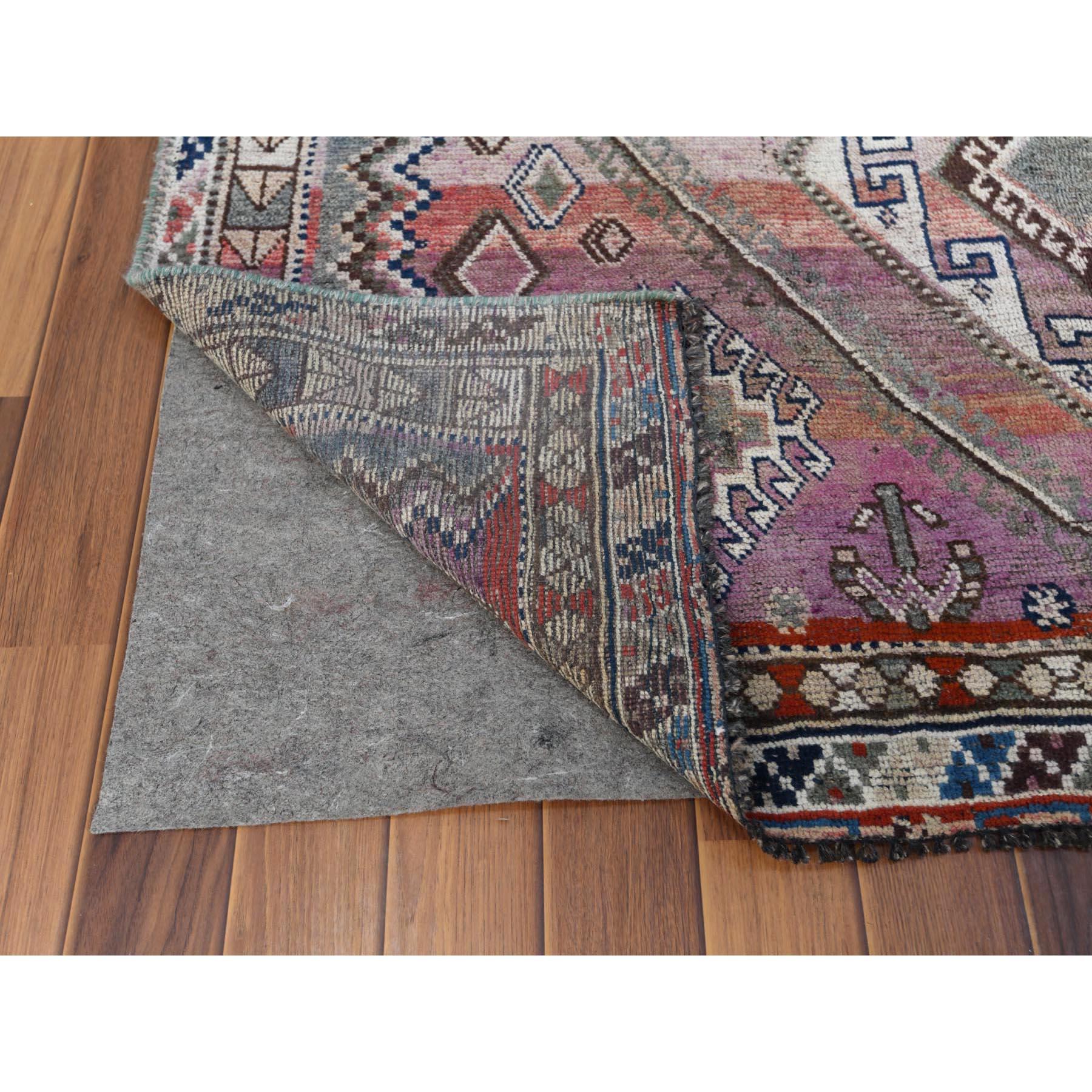 Medieval Pink Handmade Persian Shiraz Bohemian Cropped Thin Vintage Wool Rug For Sale