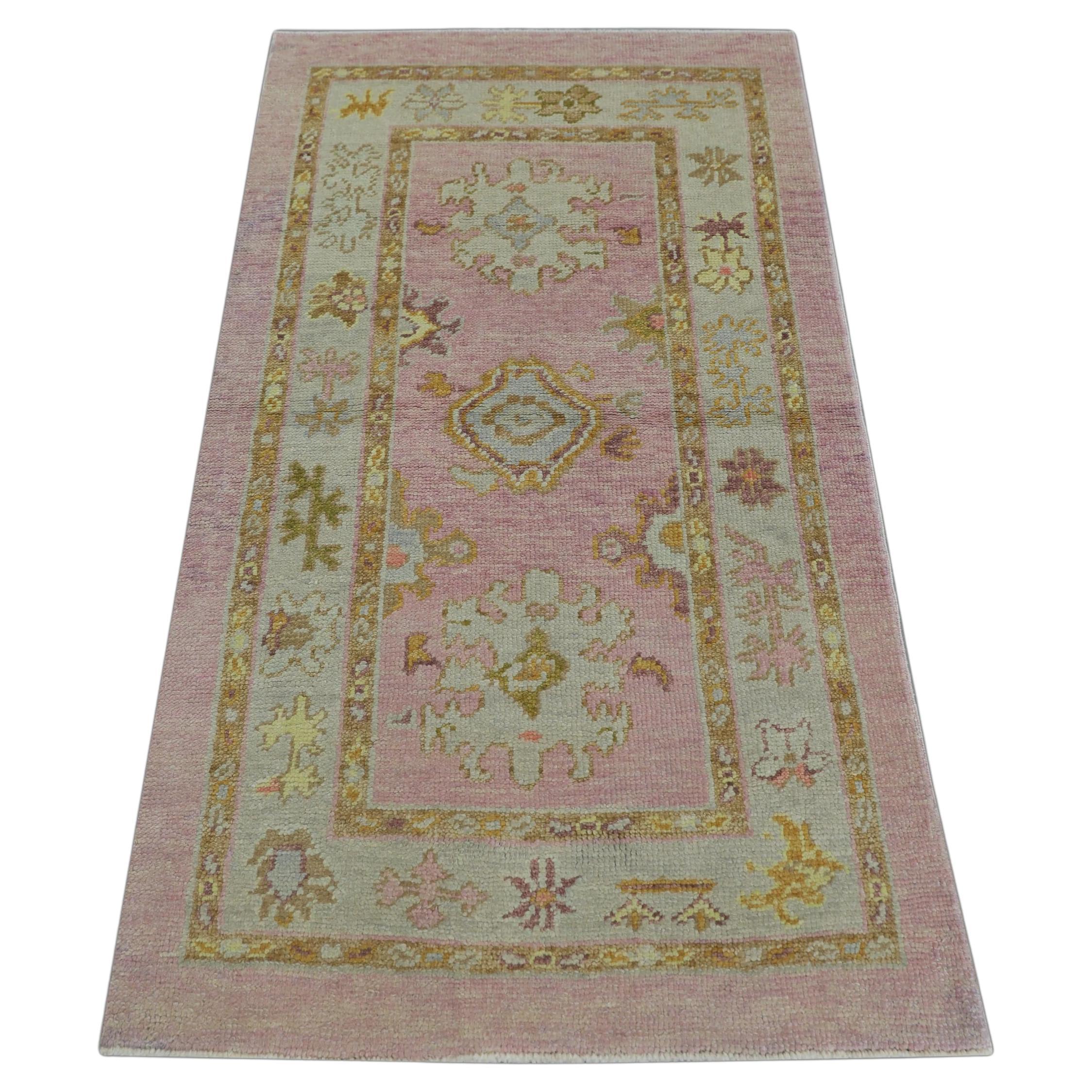 Pink Handwoven Wool Turkish Oushak Rug 2'9"x 5'1" For Sale