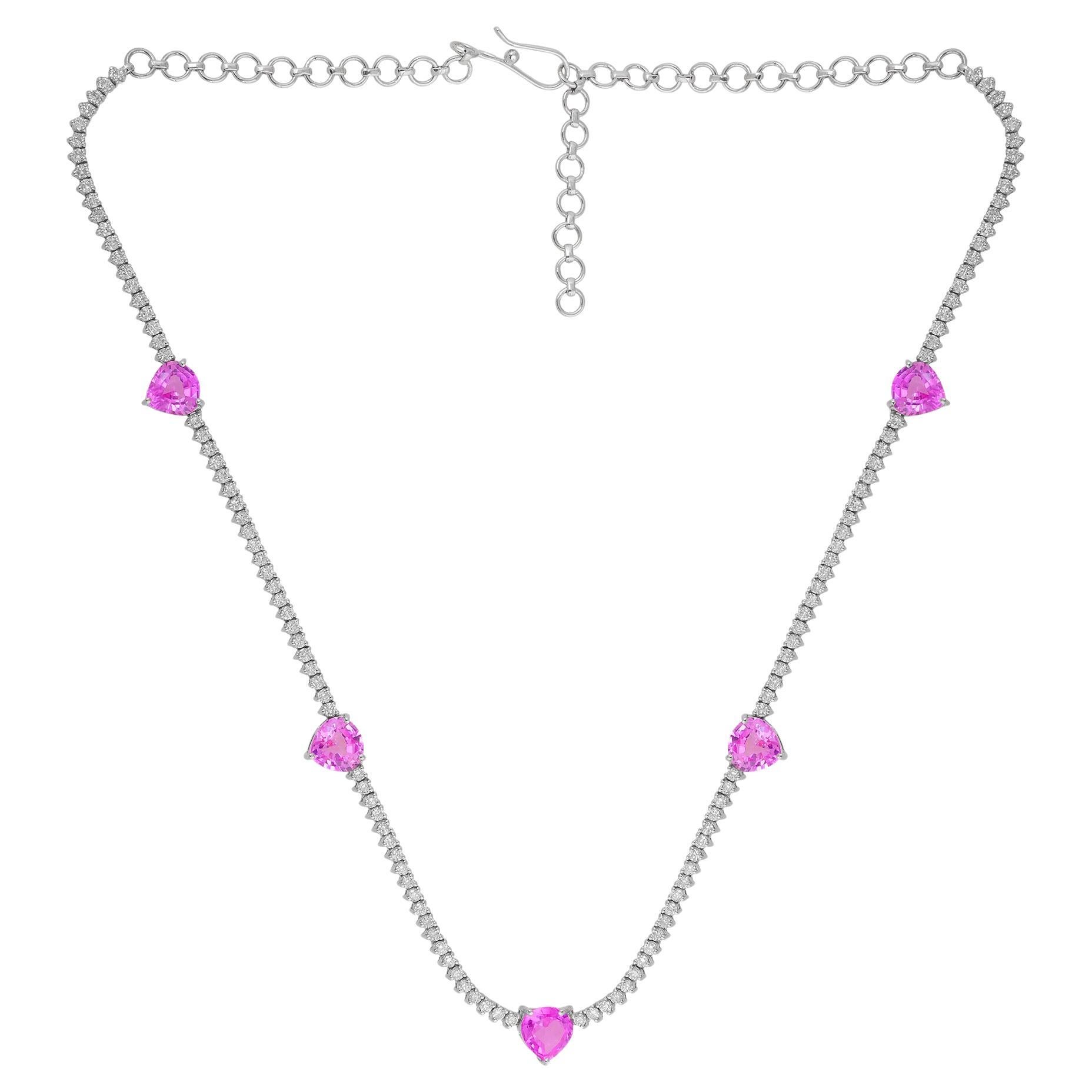 Pink Heart Gemstone Necklace with 3.10ct Diamond Chain 14k White Gold
