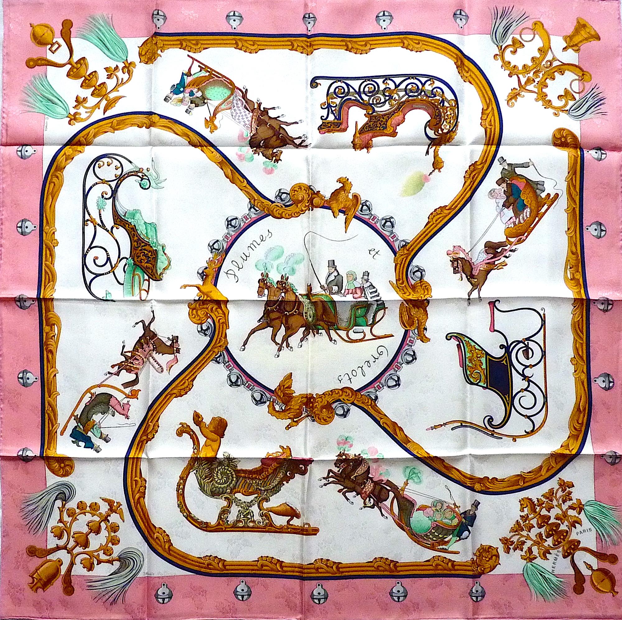 Pink HERMES Silk Scarf Plumes et Grelots, a Wonderful Winter design by Julie Abadie in the 1990's, New in Box with complete packaging. The fabric is not only silk twill, but a rare jacquard silk with holly leaves woven in fabric. Jacquard silk was