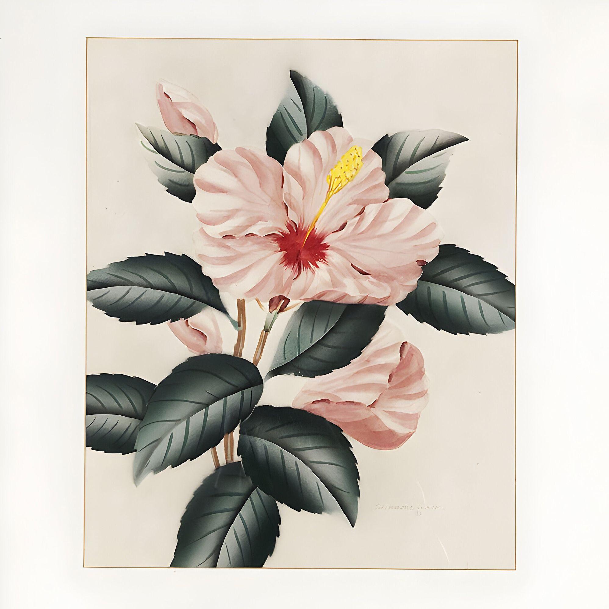 Original 1940er Jahre Rosa Hibiskus Aquarellmalerei auf Papier signiert von Shirrell Graves. Das Gemälde ist in seinem ursprünglichen weißen Holzrahmen mit weißem Passepartout zu sehen.

Shirrell Graves ist ein Künstler des Impressionismus und der