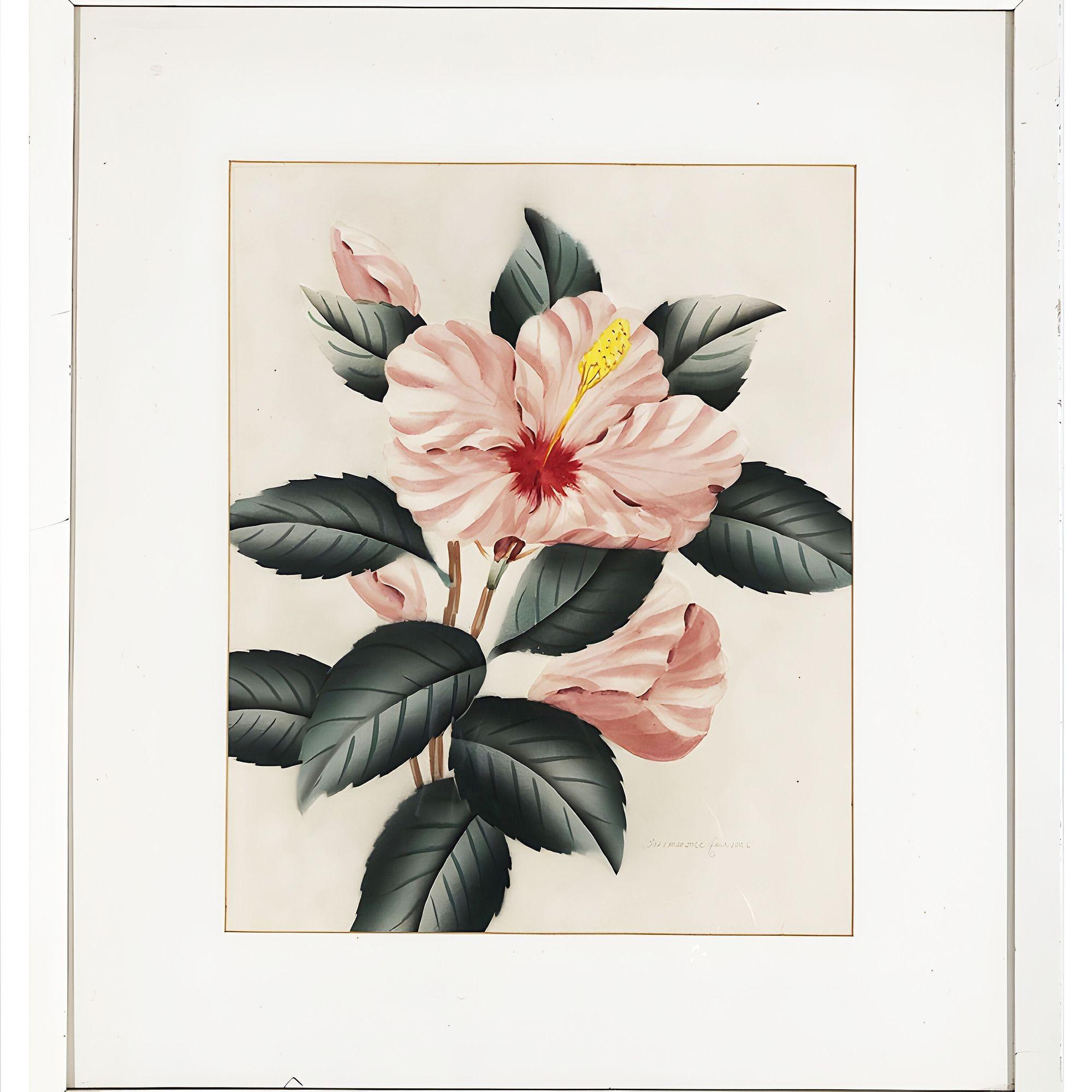 Rosa Hibiskus, Aquarellgemälde auf Papier, signiert von Shirrell Graves, gerahmt (Moderne der Mitte des Jahrhunderts) im Angebot