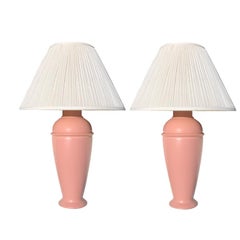 1930s Pair Pink Art Deco Ceramic Table Lamps Pleated Cream Shades Mid Century 2