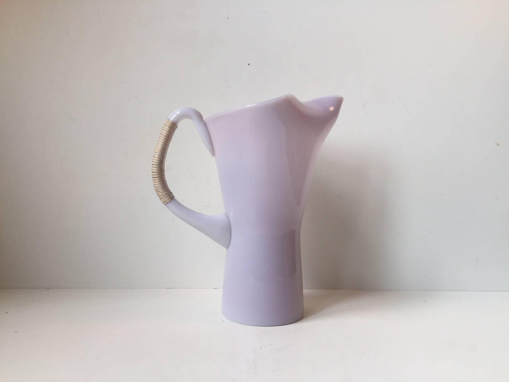Mid-Century Modern Pink Holmegaard Opaline Glass Pitcher with Bamboo Handle by Jacob E. Bang For Sale
