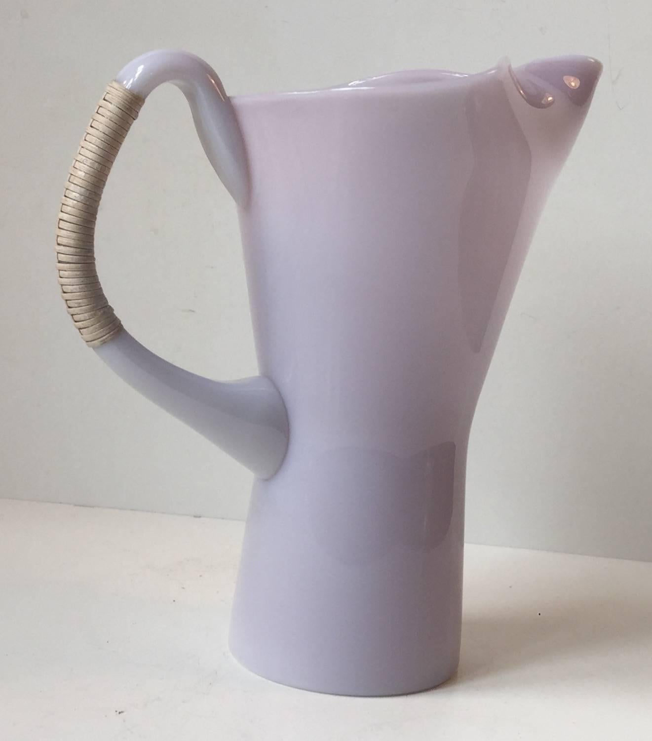 Danish Pink Holmegaard Opaline Glass Pitcher with Bamboo Handle by Jacob E. Bang For Sale