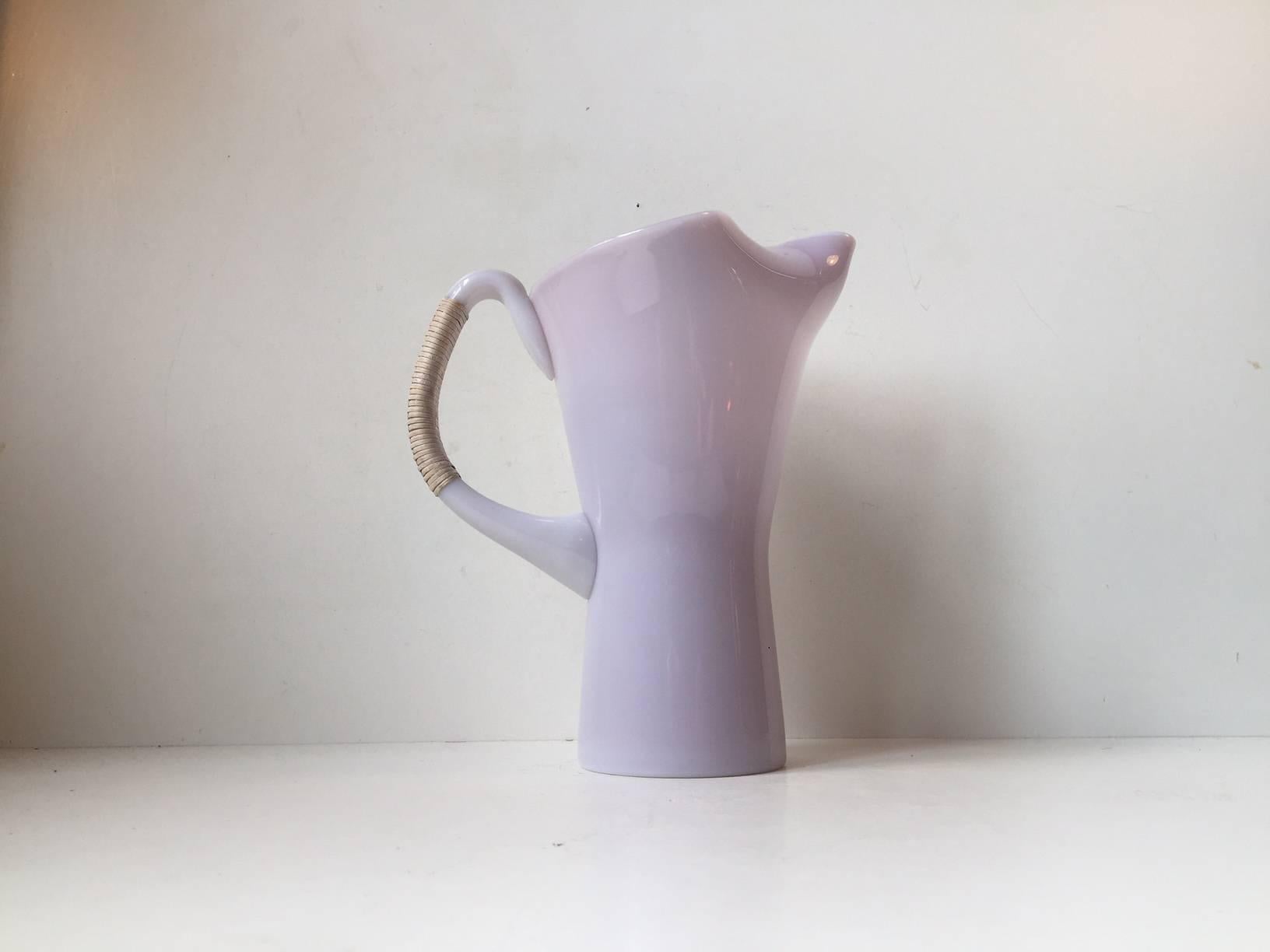 Mid-20th Century Pink Holmegaard Opaline Glass Pitcher with Bamboo Handle by Jacob E. Bang For Sale