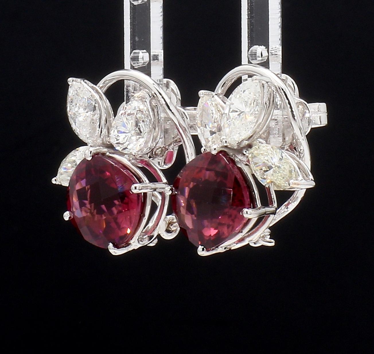 Anglo-Indian 3Ct Marquise Diamonds with Pink Tourmaline Earrings in White Gold Hallmarked