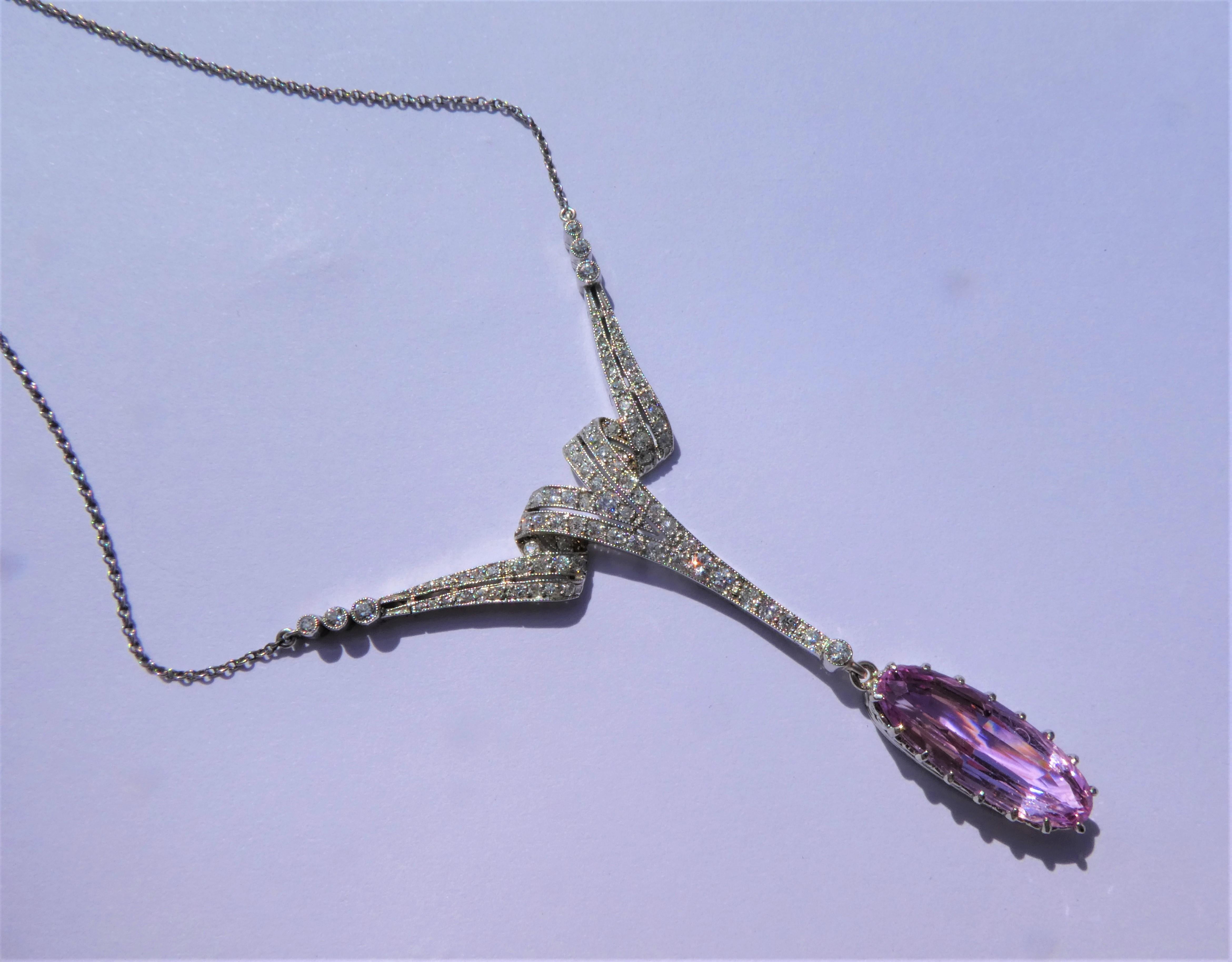 Pink Imperial Precious Topas Diamond Art Deco Platinum Necklace For Sale 6