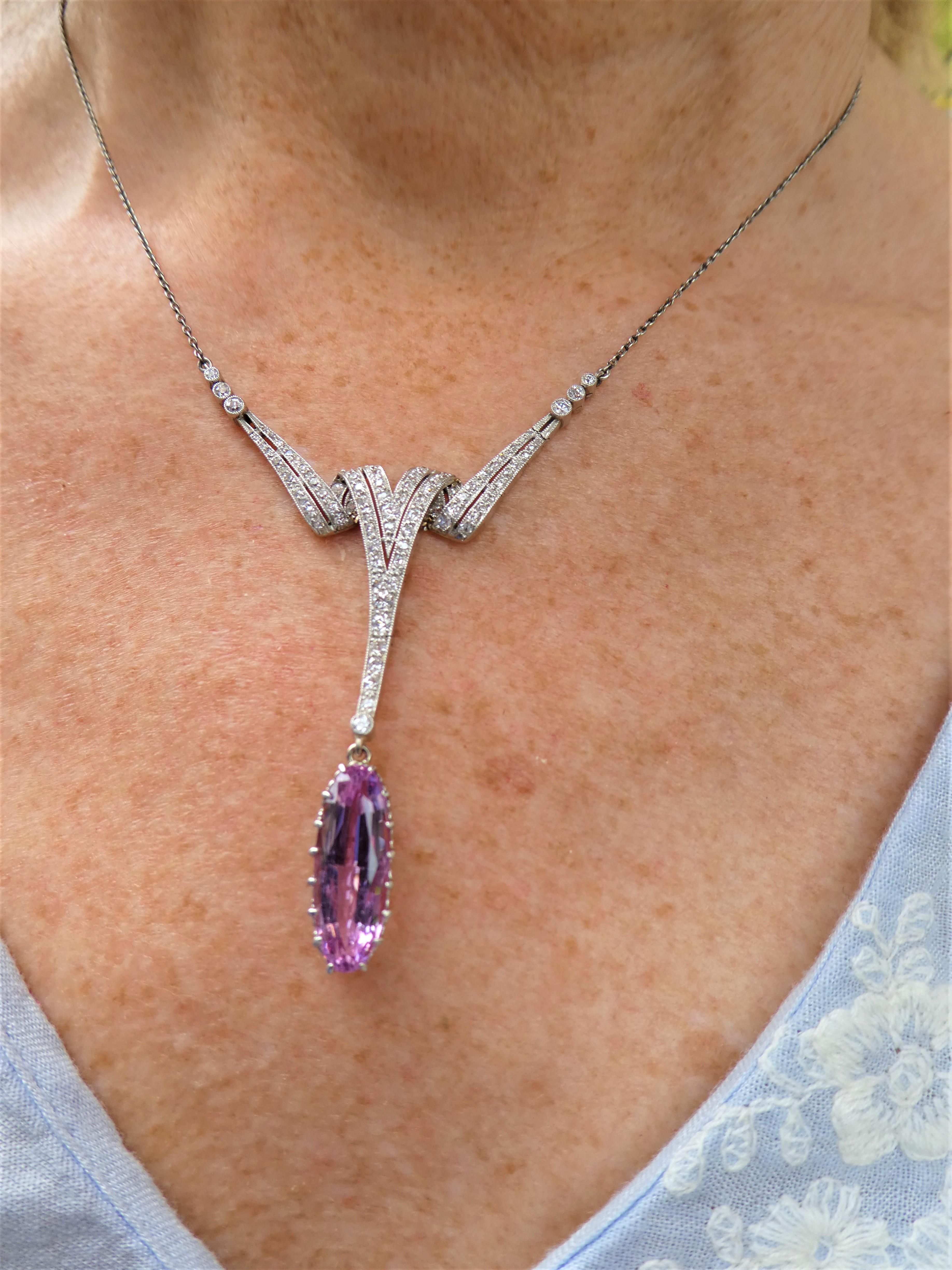 Pink Imperial Precious Topas Diamond Art Deco Platinum Necklace For Sale 8