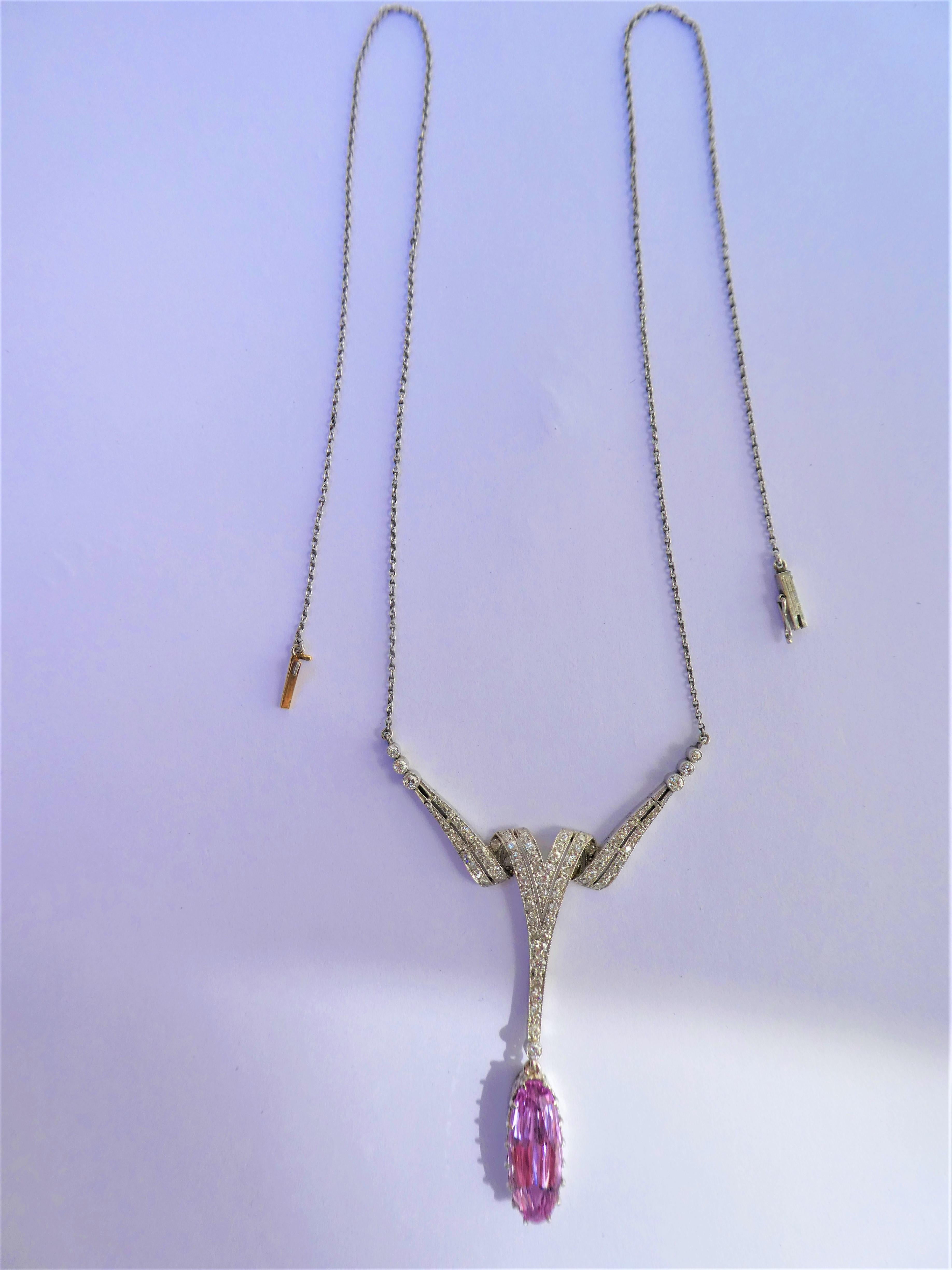 Pink Imperial Precious Topas Diamond Art Deco Platinum Necklace In Excellent Condition For Sale In Munich, DE