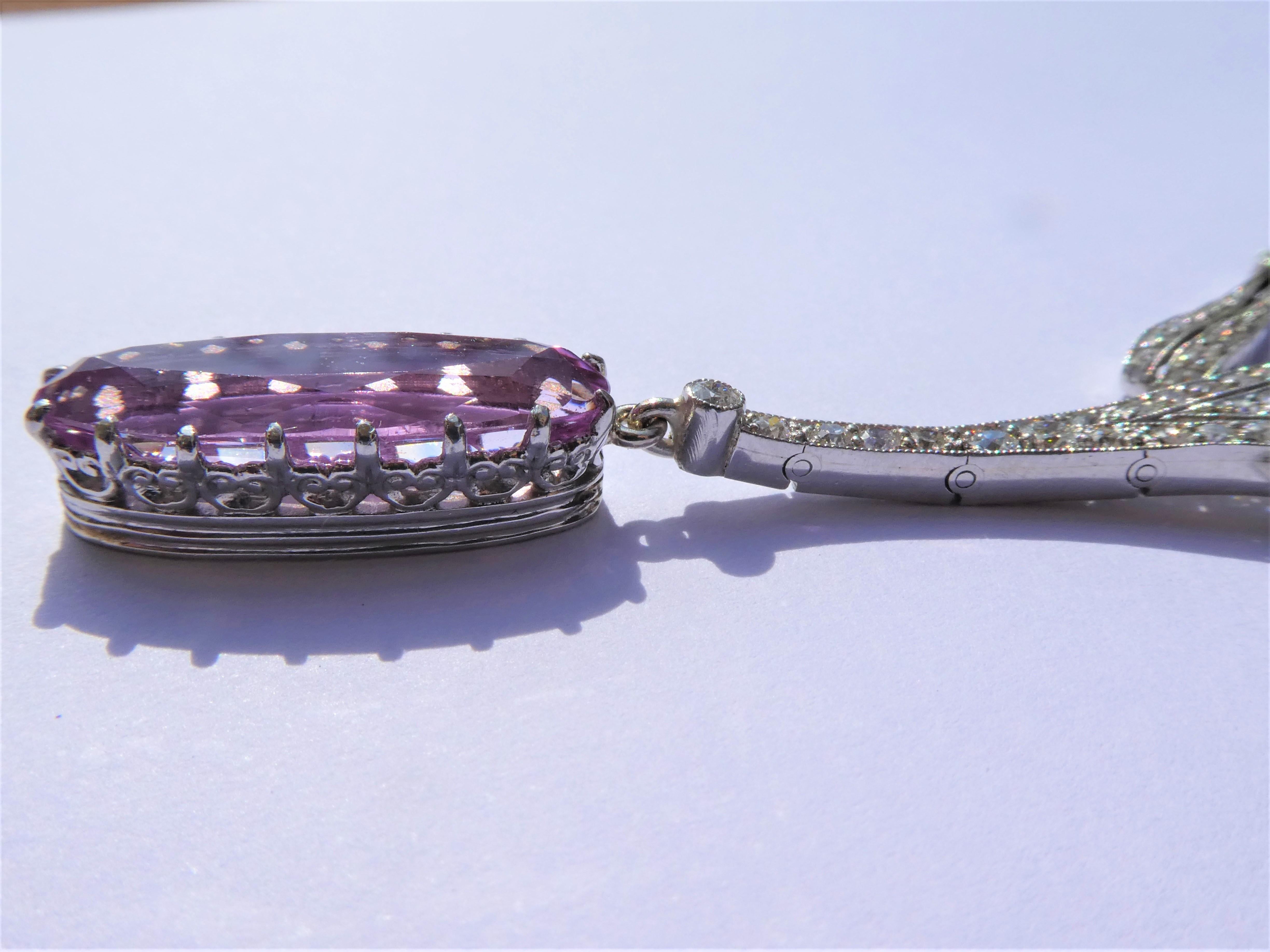Pink Imperial Precious Topas Diamond Art Deco Platinum Necklace For Sale 1