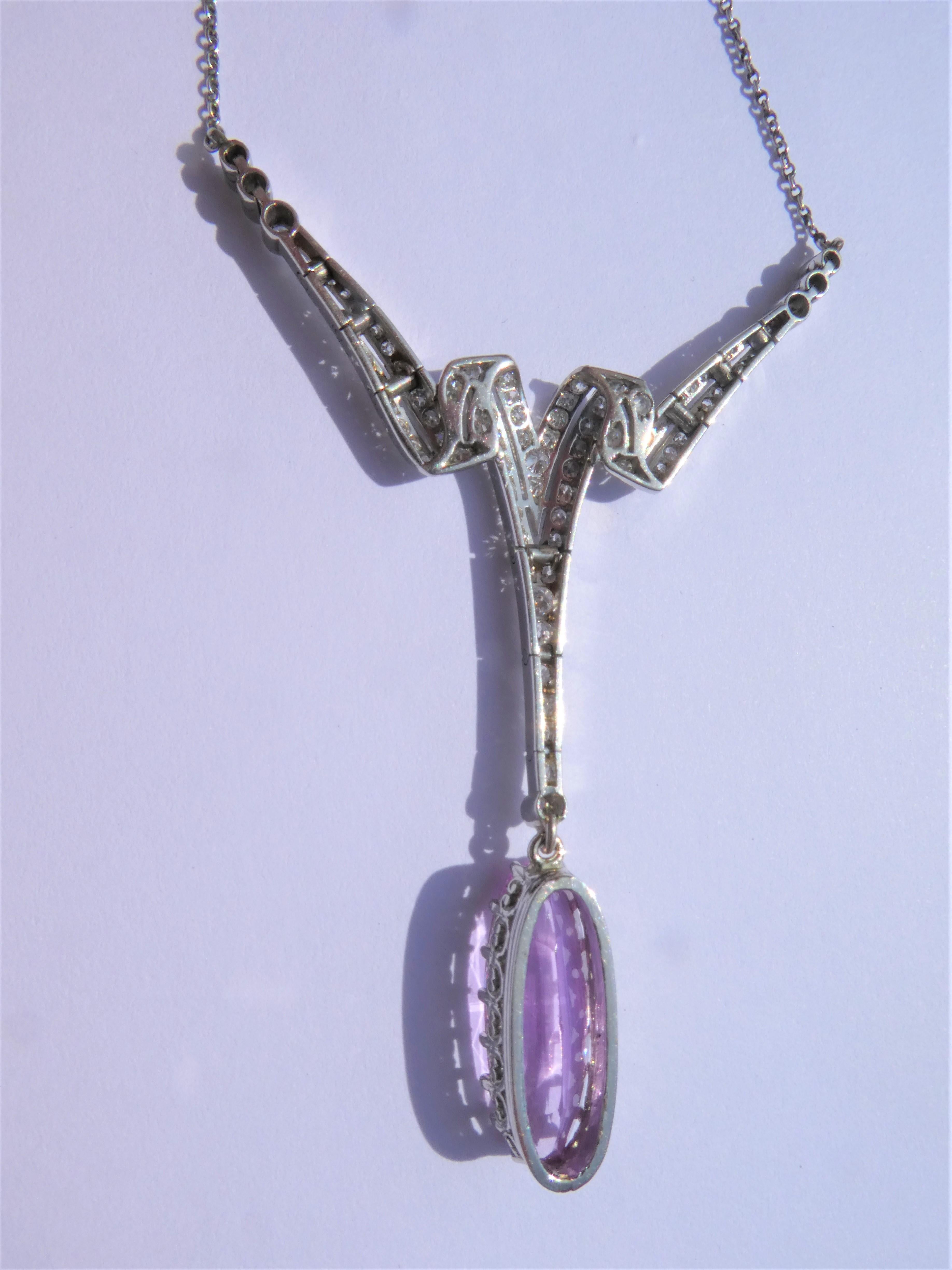 Pink Imperial Precious Topas Diamond Art Deco Platinum Necklace For Sale 3
