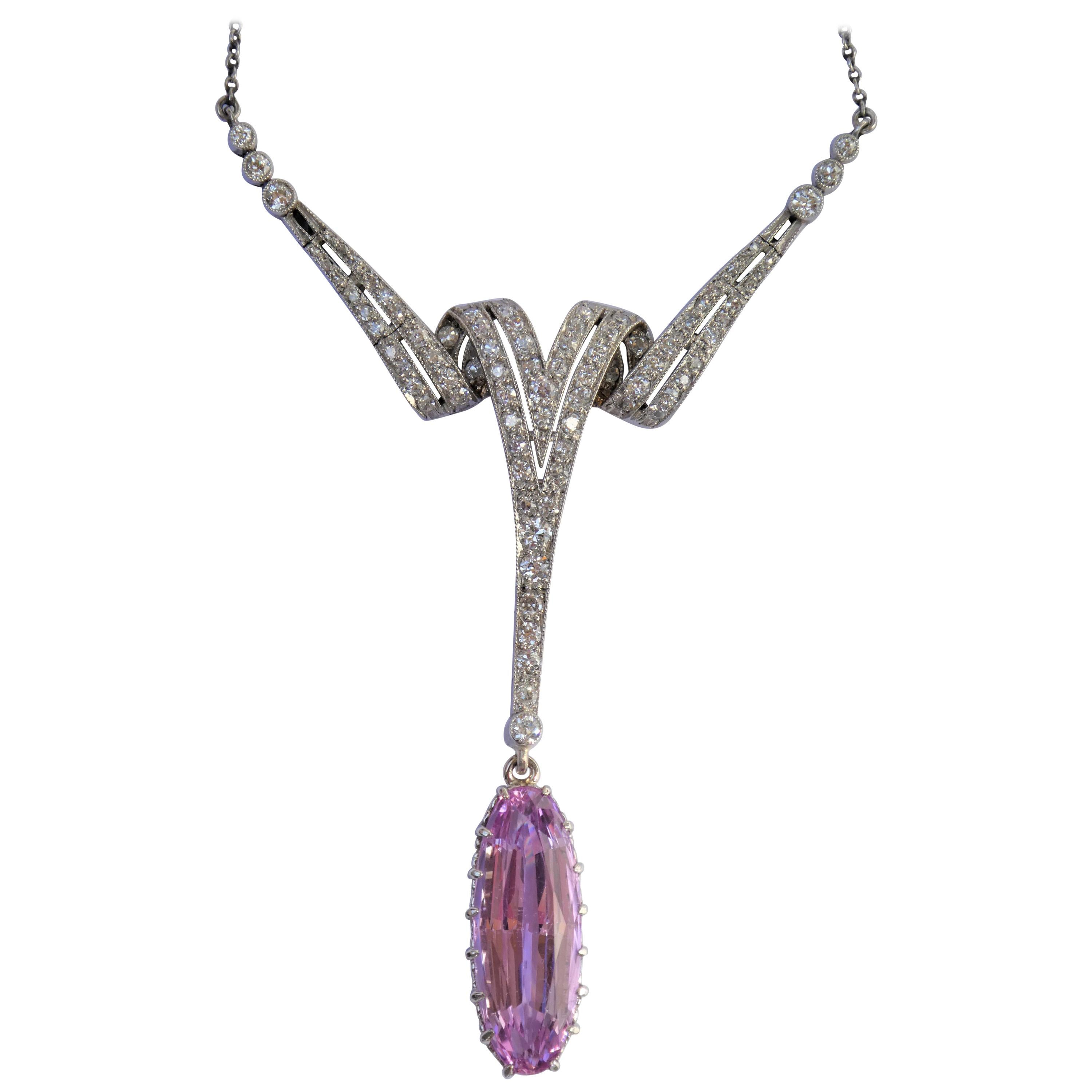 Pink Imperial Precious Topas Diamond Art Deco Platinum Necklace For Sale