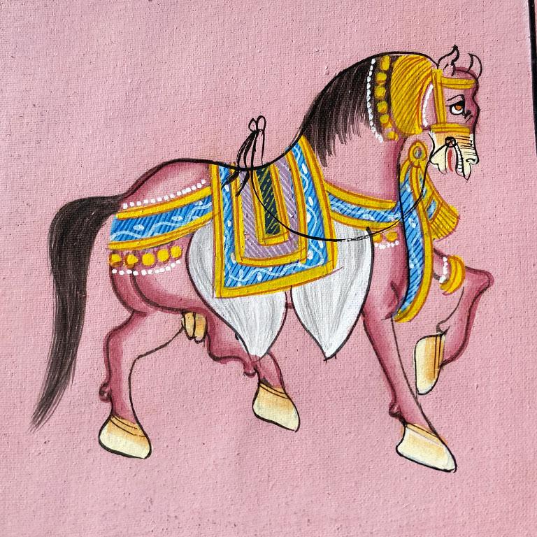 An unusual bright hand painted silk painting of a horse in full regalia. The piece is square, and features a pink horse at center, with jeweled reigns and hardware. A silver floral border frames the exterior. Made in India. 

Dimensions:
3.5