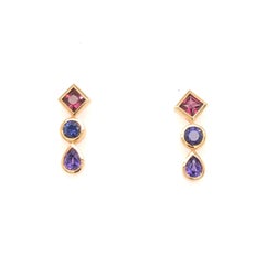 Pink Indigo and Violet Sapphire Yellow Gold Drop Earrings