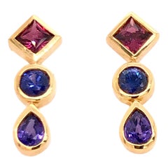 Pink Indigo and Violet Sapphire Yellow Gold Drop Earrings