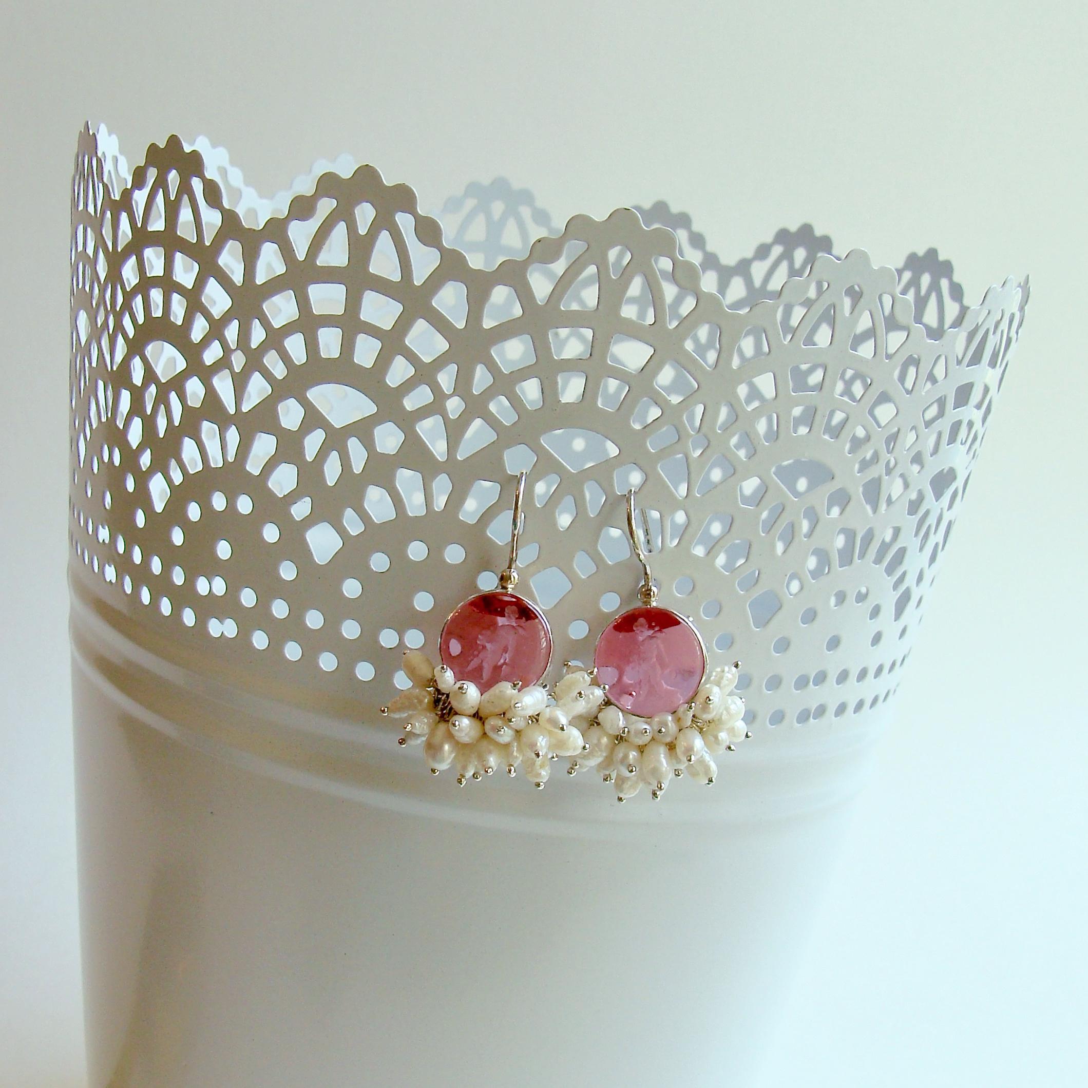 Neoclassical Pink Intaglio Earrings With Pearls Clusters - Mattera III Earrings For Sale