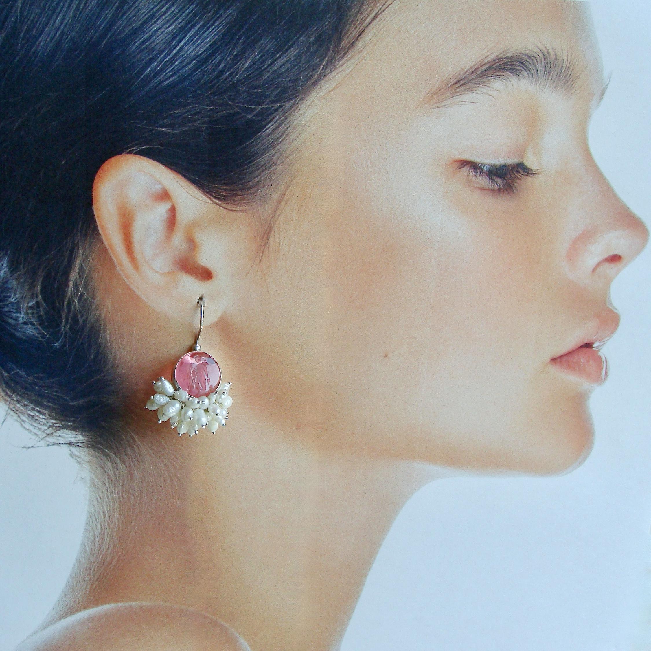 Oval Cut Pink Intaglio Earrings With Pearls Clusters - Mattera III Earrings For Sale