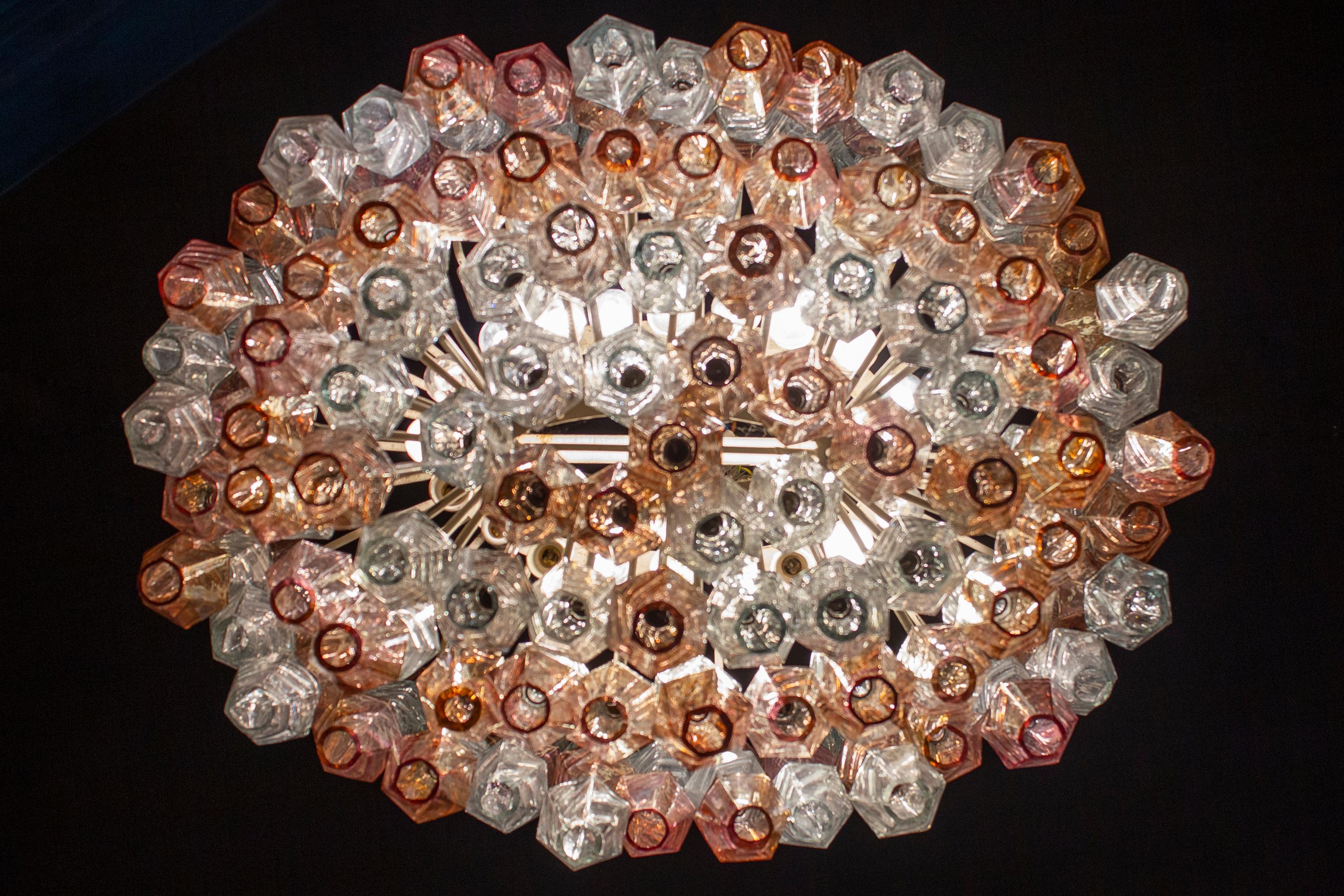 Pink Iridescent and Clear Oval Shaped Poliedri Chandelier, 1955' 1