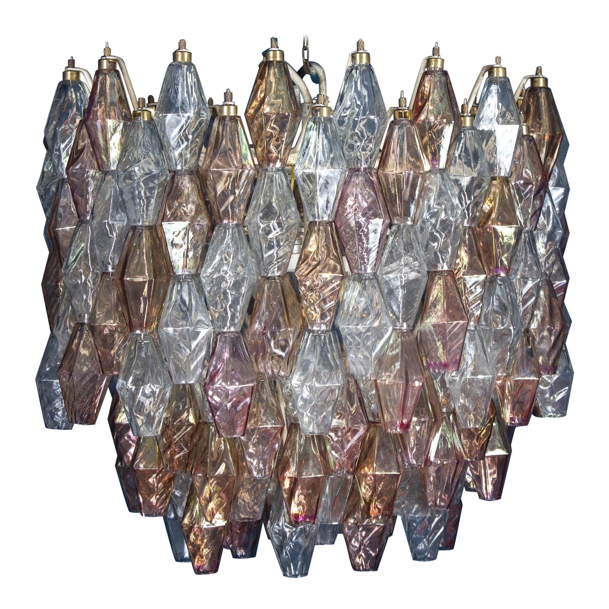Pink Iridescent and Clear Oval Shaped Poliedri Chandelier, 1955'