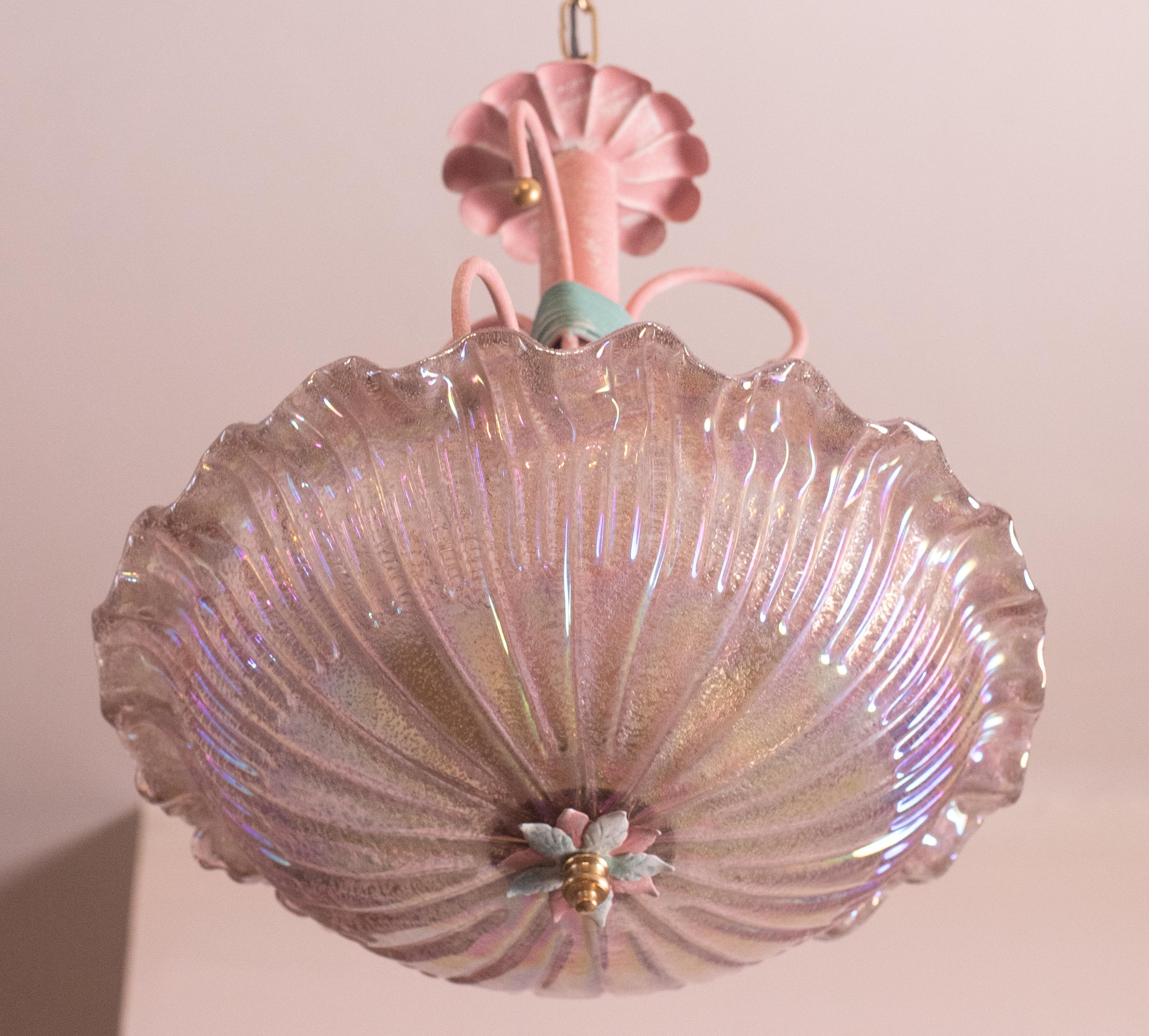 Late 20th Century Pink Iridescent Murano Vintage Chandelier, 1970s For Sale