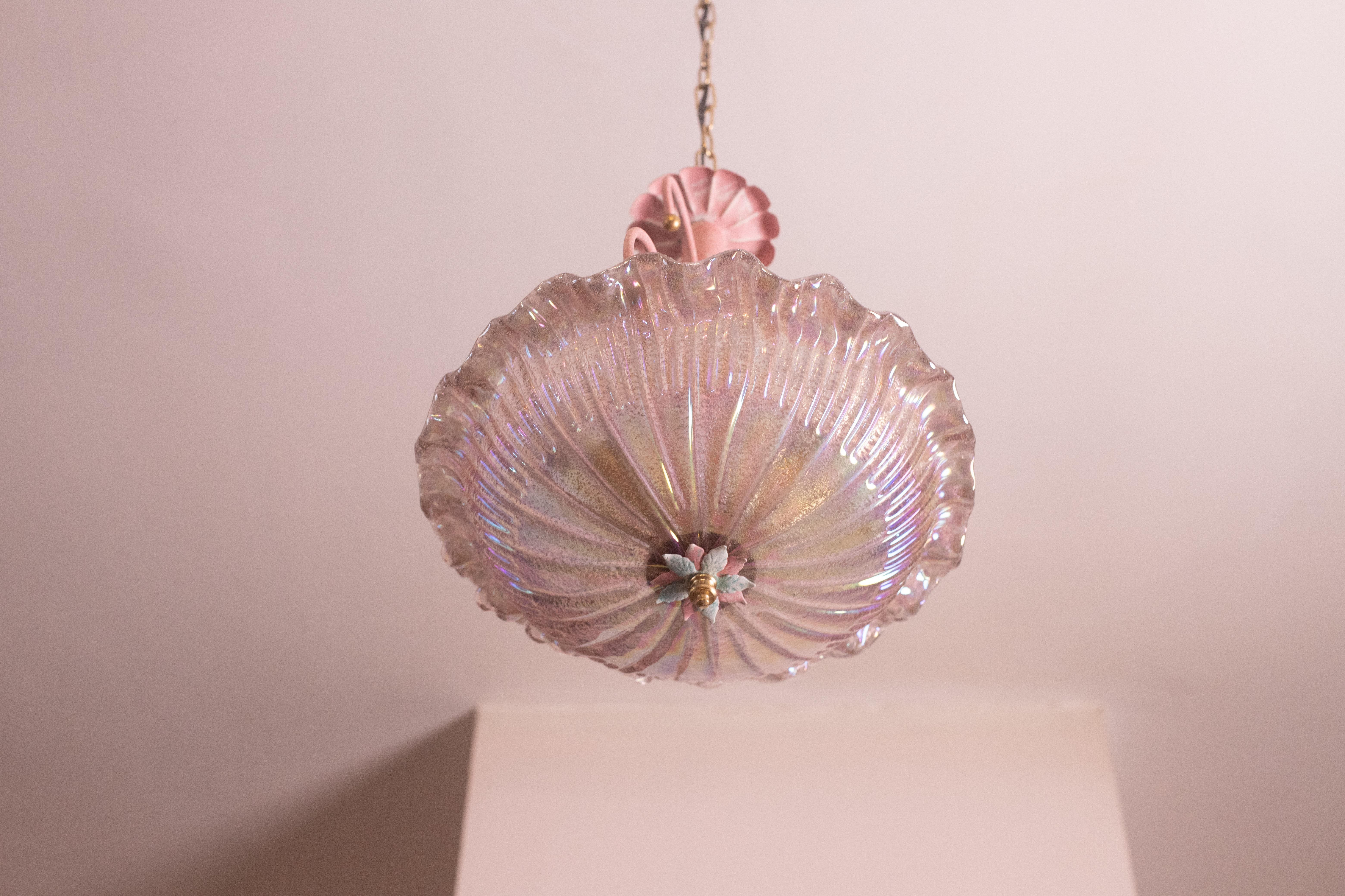 Art Glass Pink Iridescent Murano Vintage Chandelier, 1970s For Sale