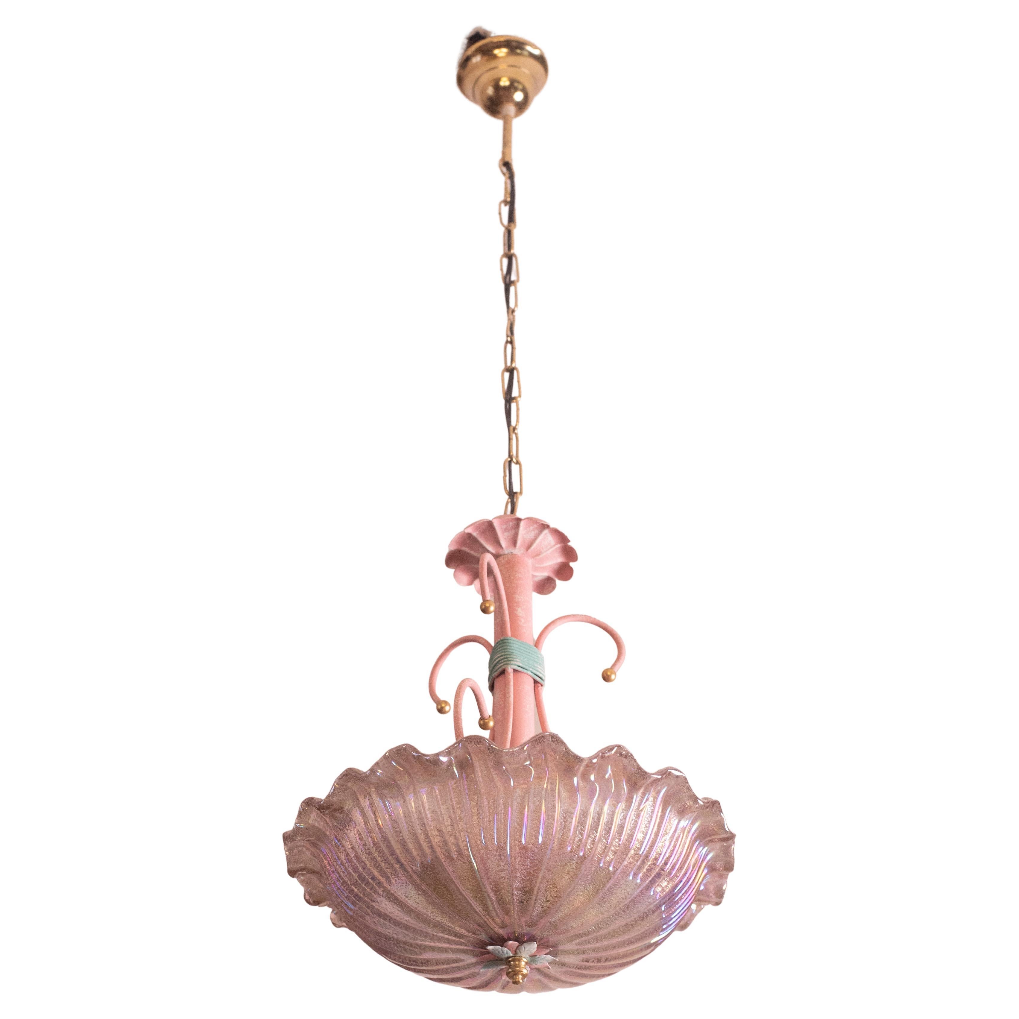 Lustre vintage rose irisé de Murano, années 1970