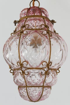 Pink Italian Murano Caged Glass Pendant by Seguso, 1950s.
