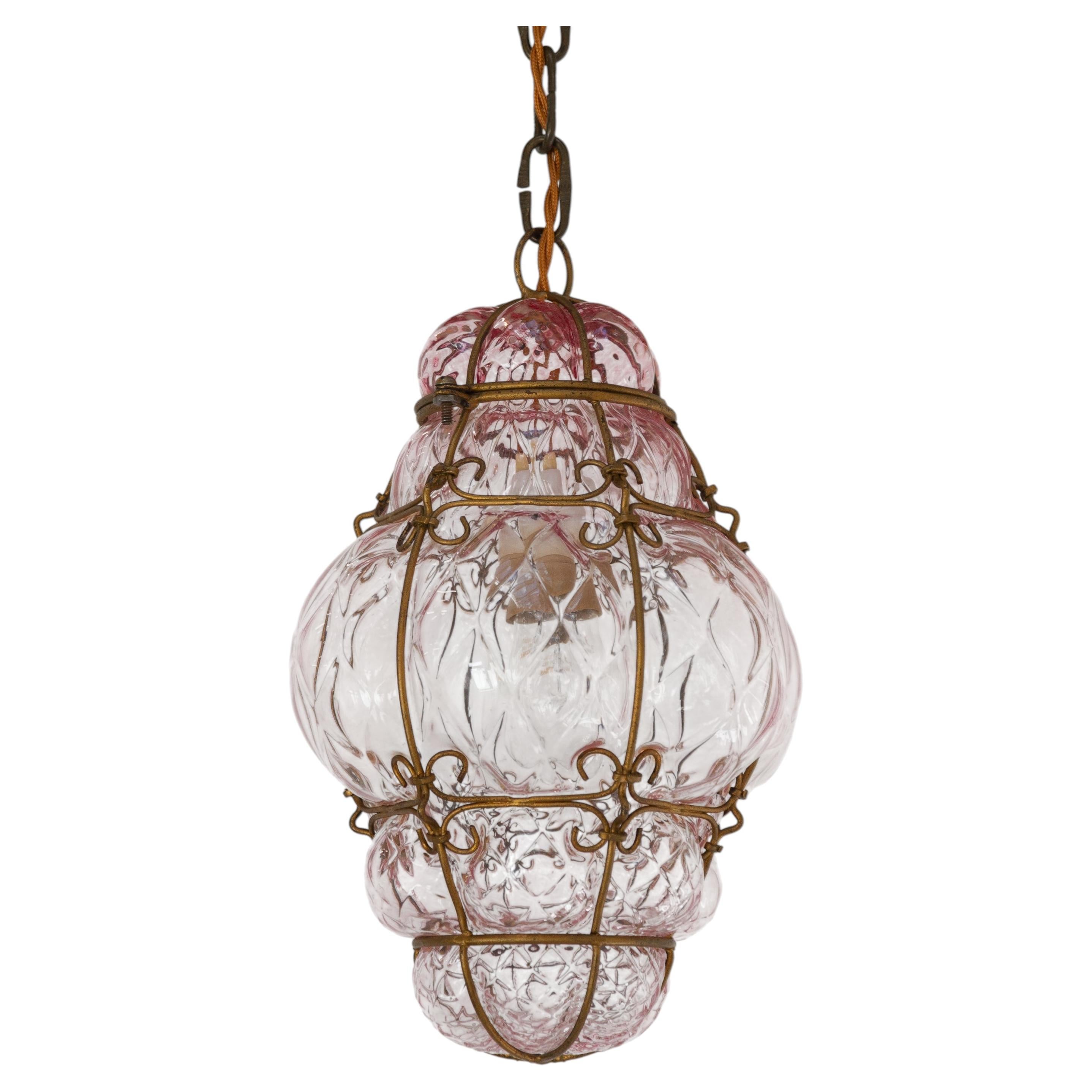 Pink Italian Murano Caged Glass Pendant by Seguso, 1950s.