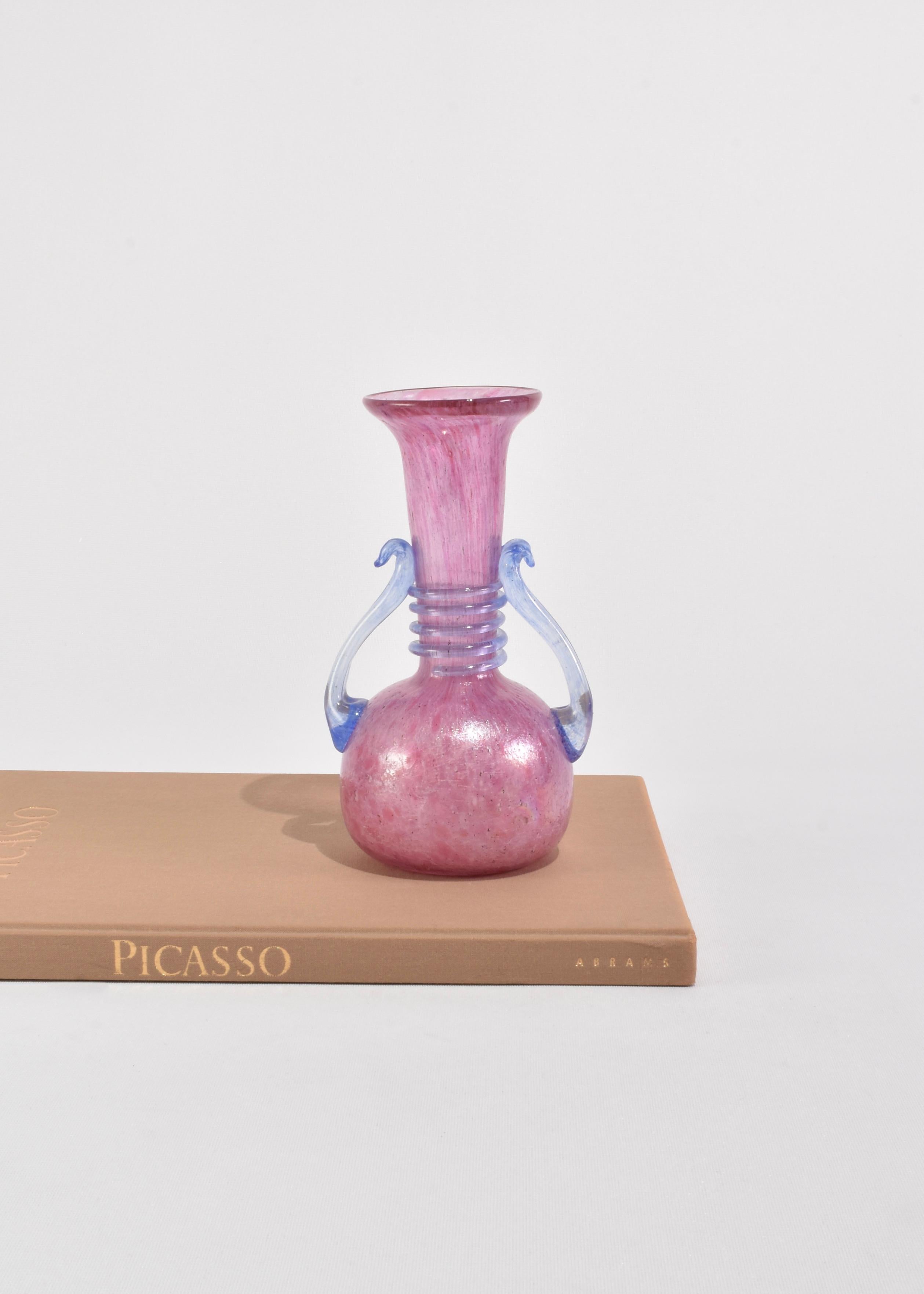 Stunning, blown glass vase in pink with blue handles. Made in Murano, Italy. 