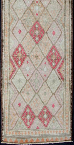Vintage Turkish Oushak Runner in Soft Gray, Coral, and Ivory with Diamond Design