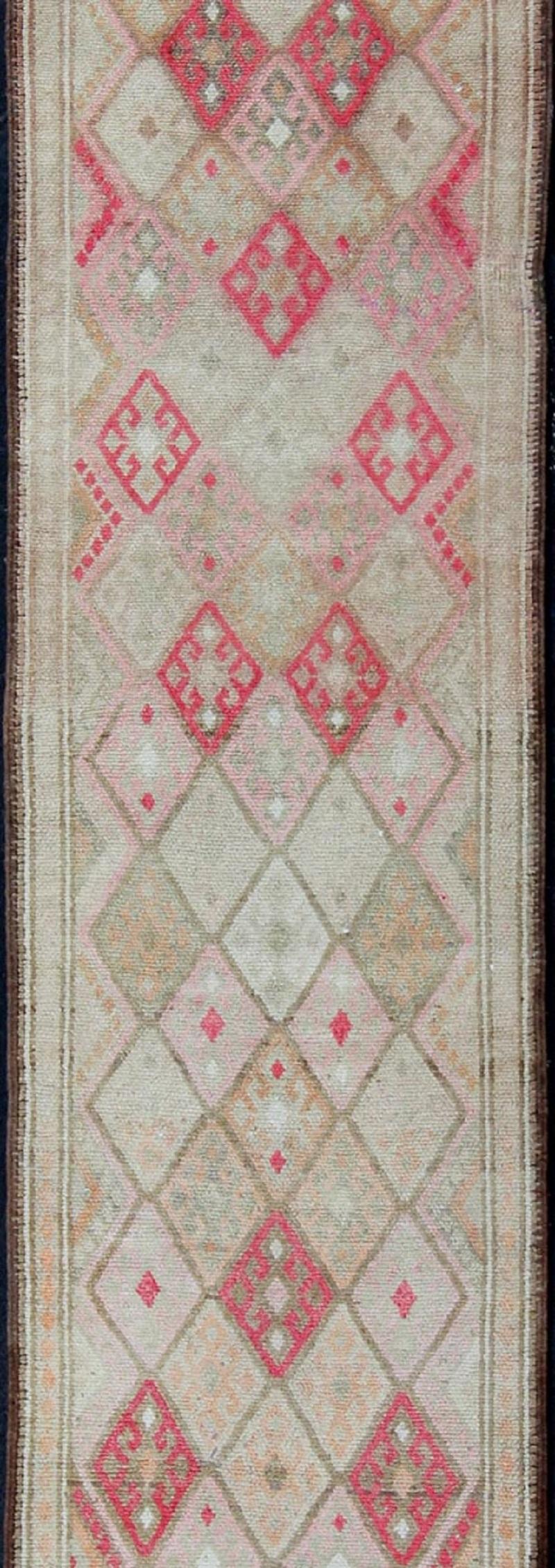 Kazak Pink, Ivory, Taupe, Green/Gray Vintage Turkish Runner with Diamond Design For Sale