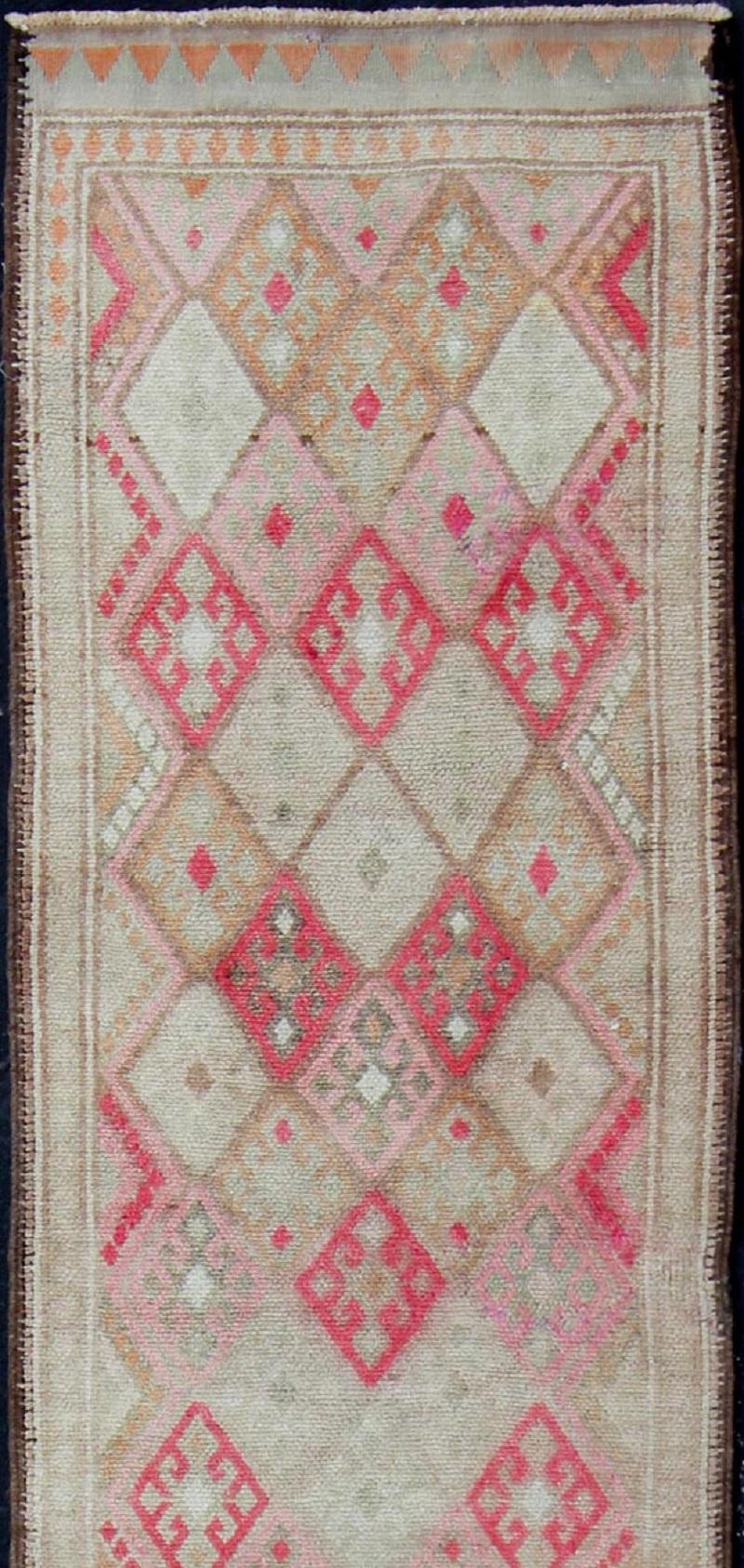 Hand-Knotted Pink, Ivory, Taupe, Green/Gray Vintage Turkish Runner with Diamond Design For Sale