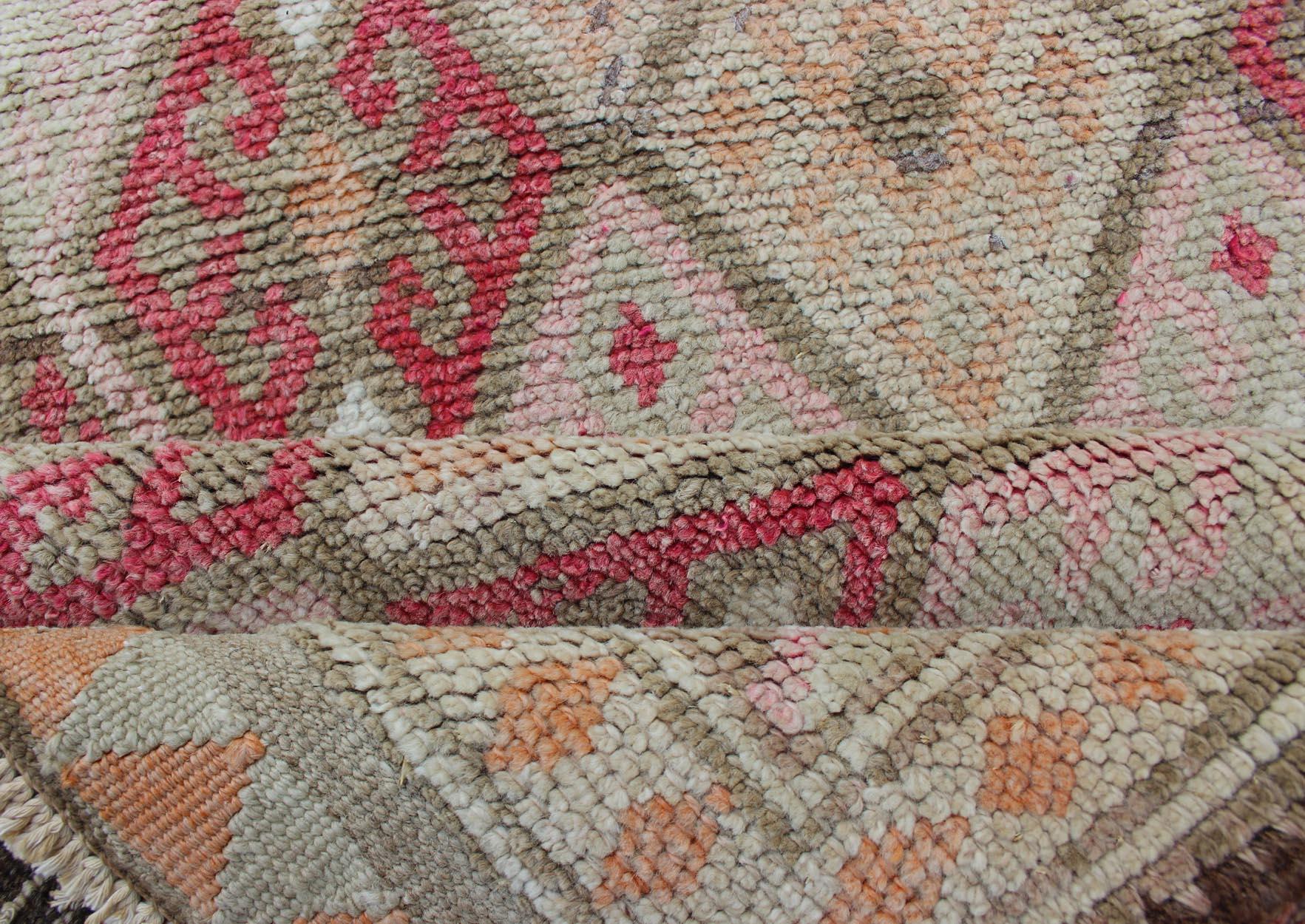 Pink, Ivory, Taupe, Green/Gray Vintage Turkish Runner with Diamond Design In Good Condition For Sale In Atlanta, GA