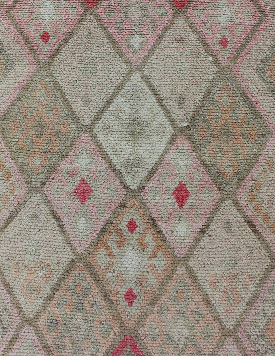 Mid-20th Century Pink, Ivory, Taupe, Green/Gray Vintage Turkish Runner with Diamond Design For Sale