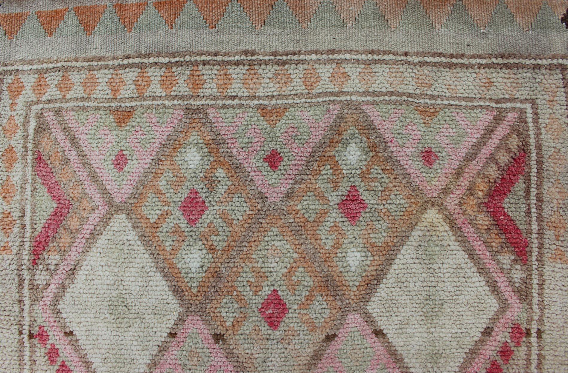 Wool Pink, Ivory, Taupe, Green/Gray Vintage Turkish Runner with Diamond Design For Sale