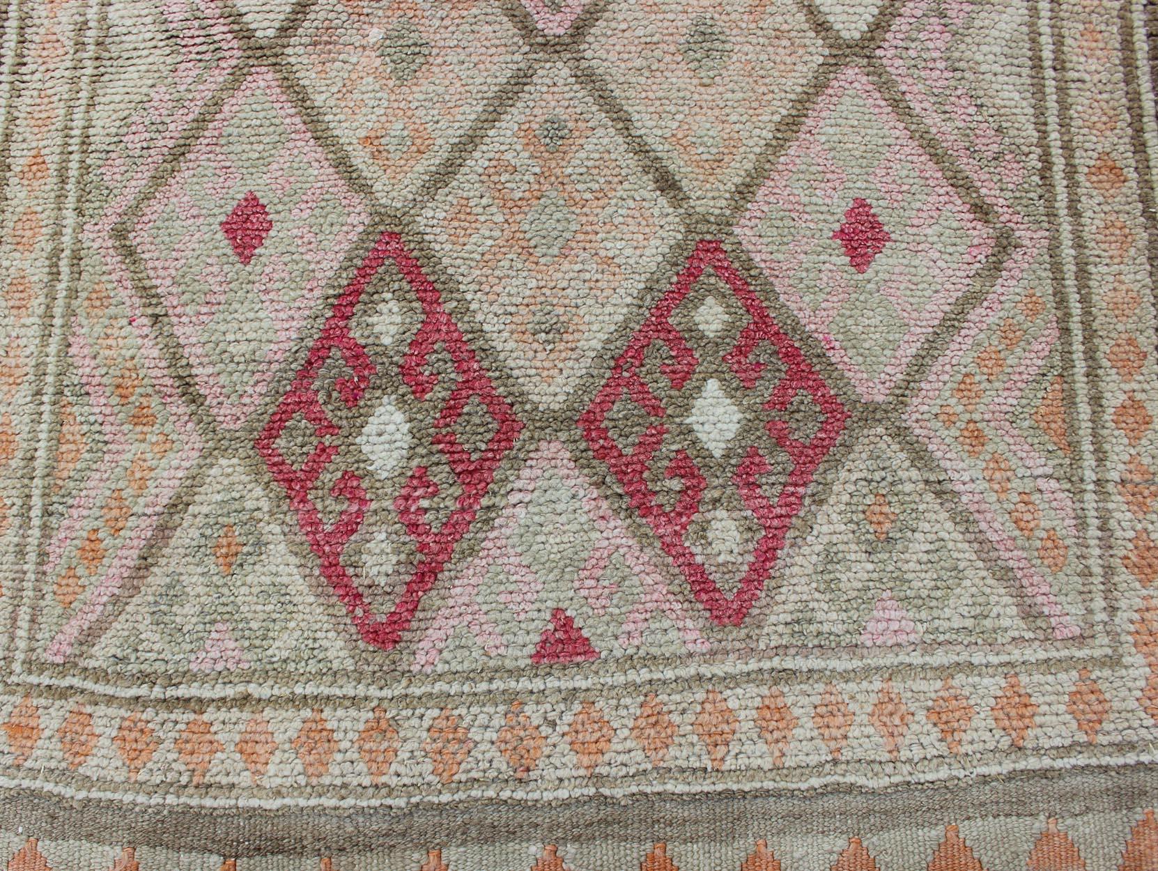 Pink, Ivory, Taupe, Green/Gray Vintage Turkish Runner with Diamond Design For Sale 1
