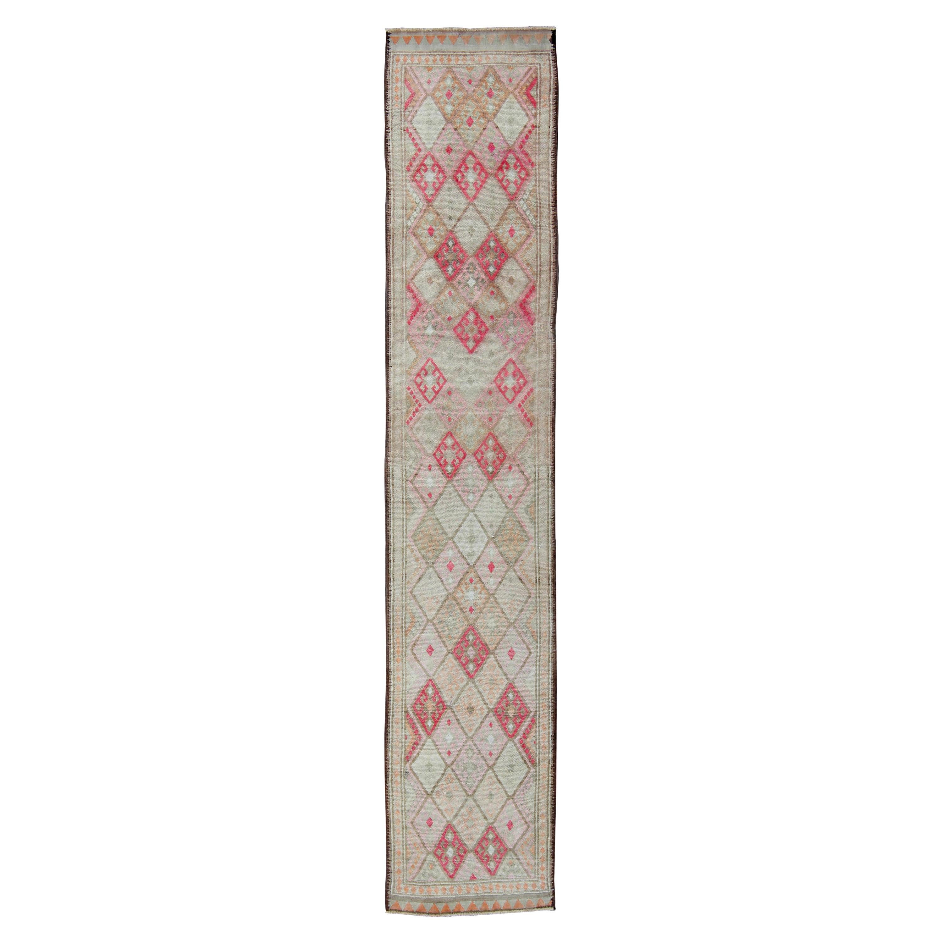 Pink, Ivory, Taupe, Green/Gray Vintage Turkish Runner with Diamond Design For Sale